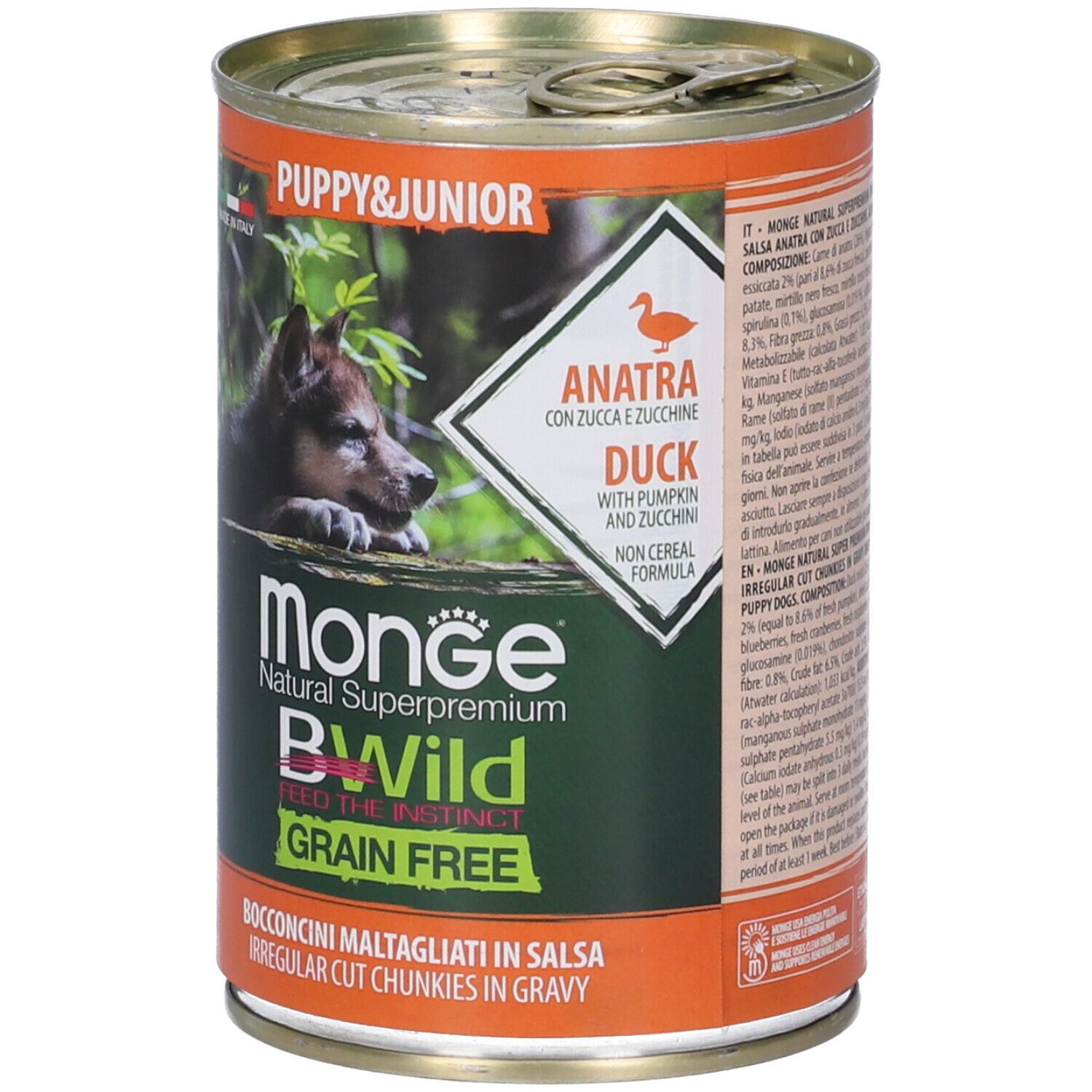 Lattina di cibo per cani con immagine di cucciolo. Scritta: Monge BWild Grain Free, Anatra con Zucca e Zucchine. Contiene anatra, zucca e zucchine.