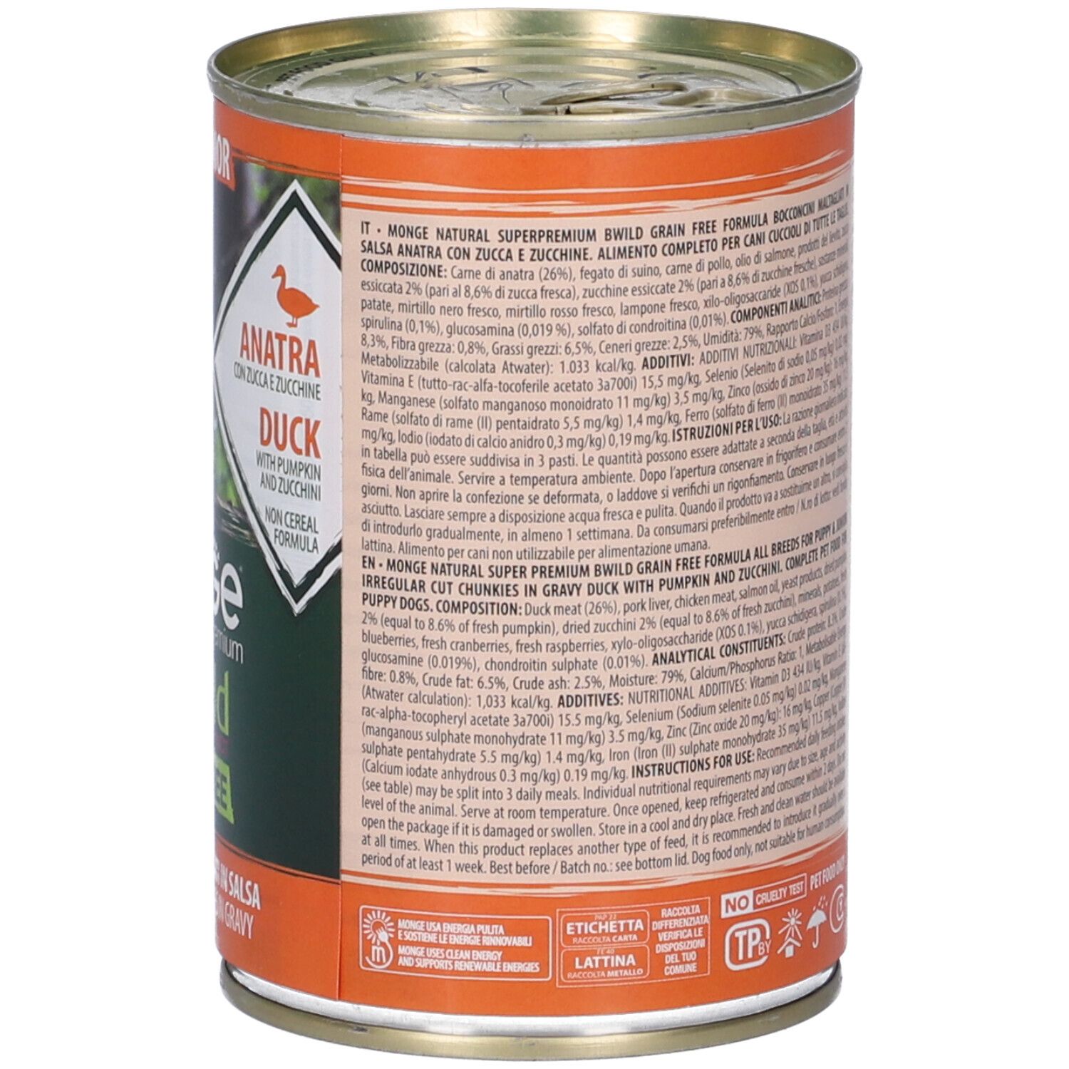 Lattina di cibo per cani, retro con testo. Contiene informazioni sugli ingredienti, raccomandazioni per l'alimentazione e dettagli del produttore.