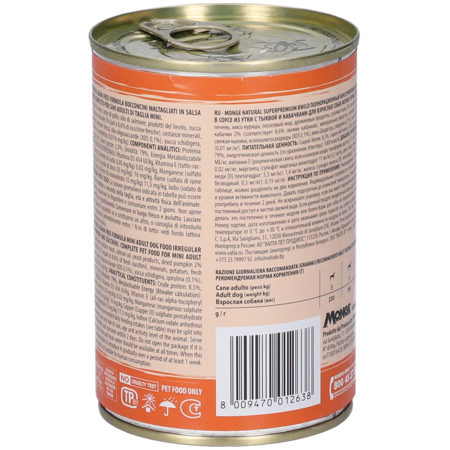 Lattina di cibo per cani con testo e codice a barre. Contiene informazioni sugli ingredienti. Marchio Monge.