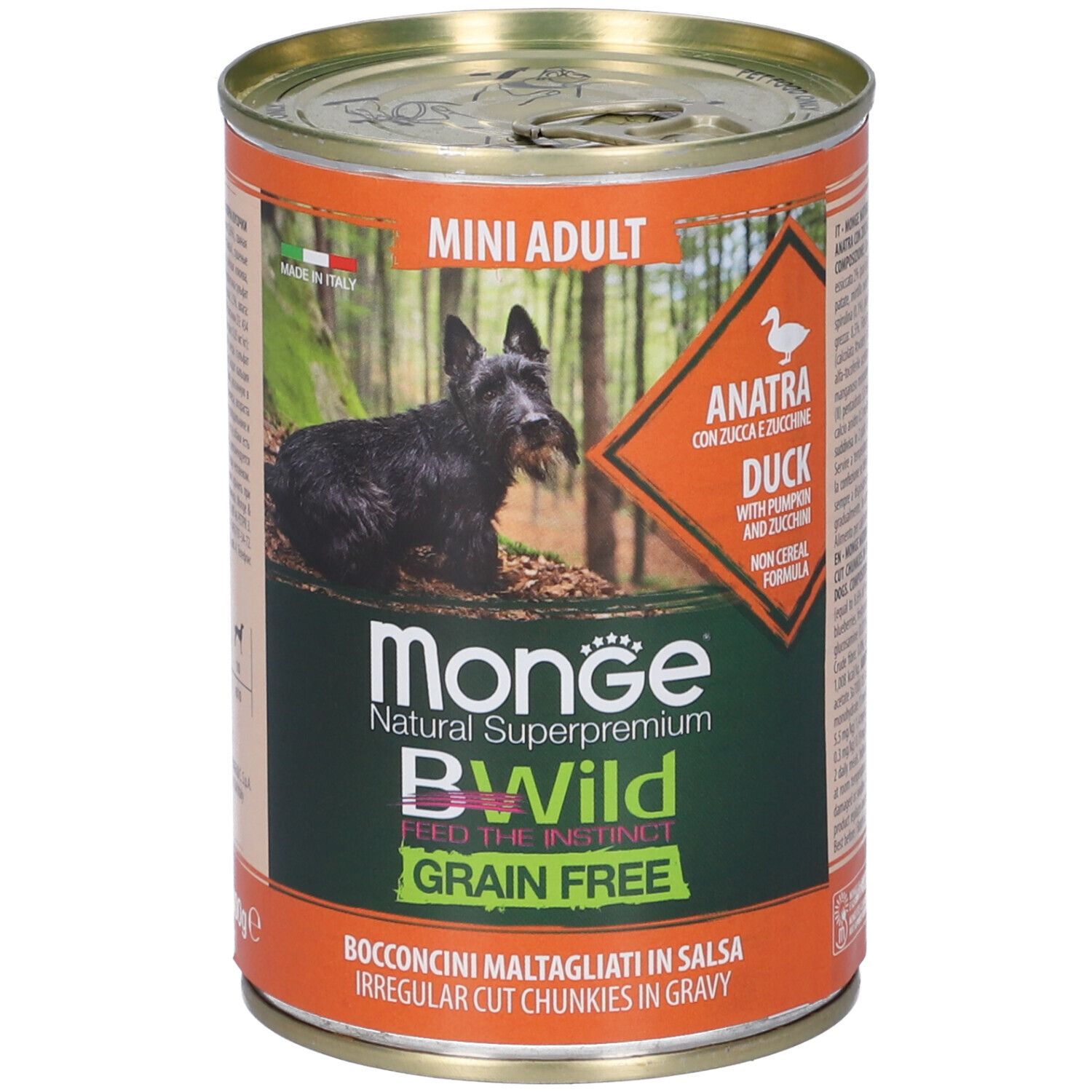 Lattina di cibo per cani. Contiene Mini Adult Anatra con zucca e zucchine. Marchio Monge BWild Grain Free.