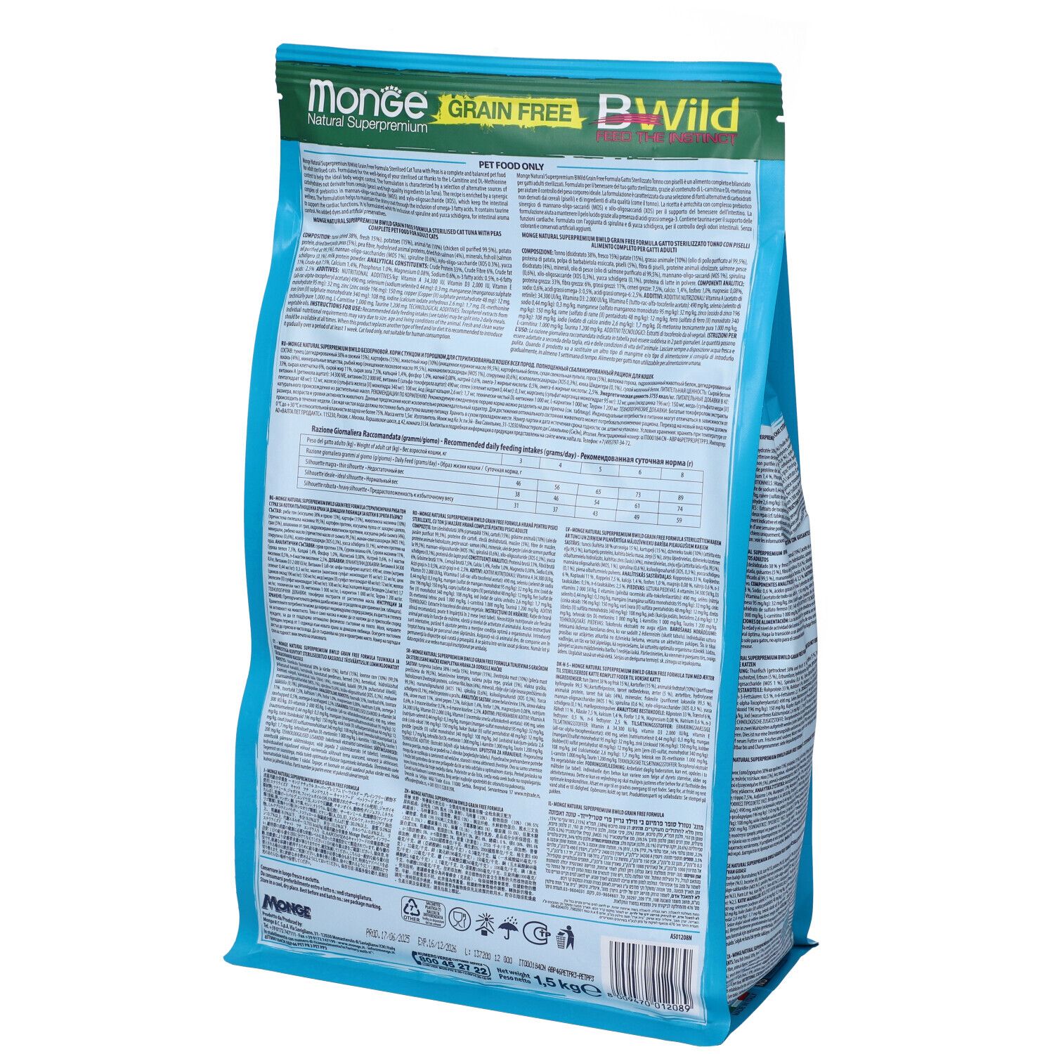 Retro del sacchetto cibo per gatti Monge BWild. Informazioni testuali e nutrizionali. Colori turchese e bianco.