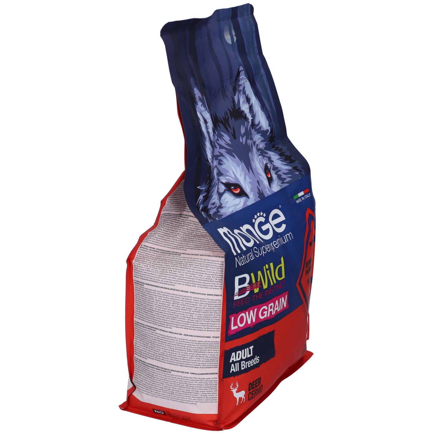 Confezione di cibo per cani Monge BWild inclinata. Scritta: Wolf, Low Grain, Adult All Breeds.