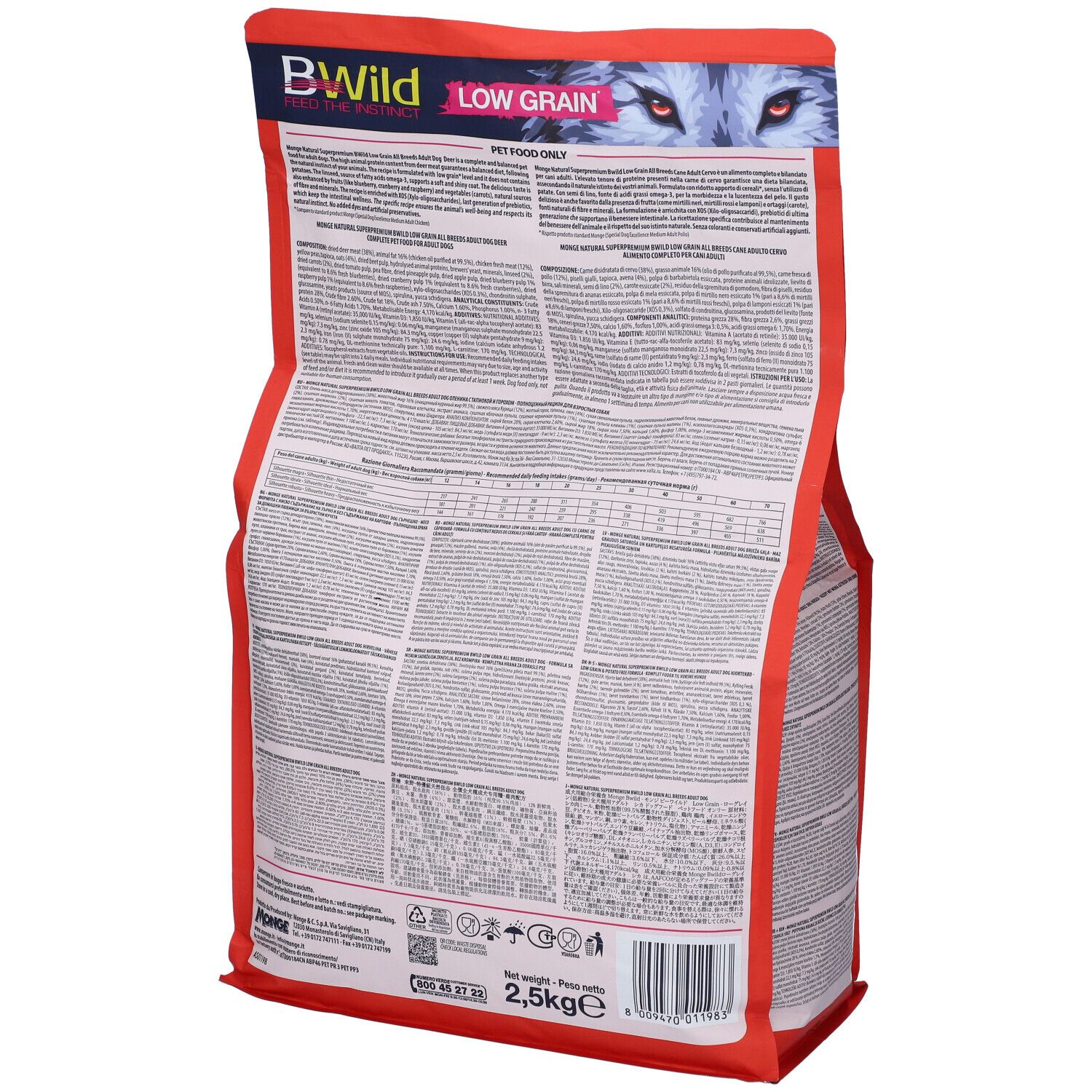 Retro della confezione di cibo per cani Monge BWild. Testo e informazioni nutrizionali. Scritta: 2,5 kg.