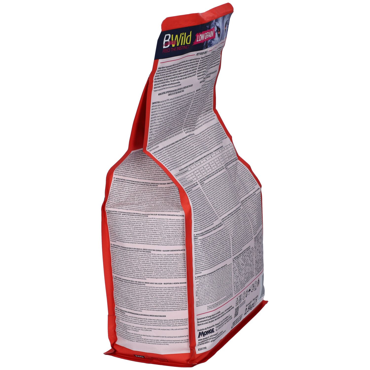 Retro inclinato della confezione di cibo per cani Monge BWild. Testo e informazioni nutrizionali. Scritta: 2,5 kg.