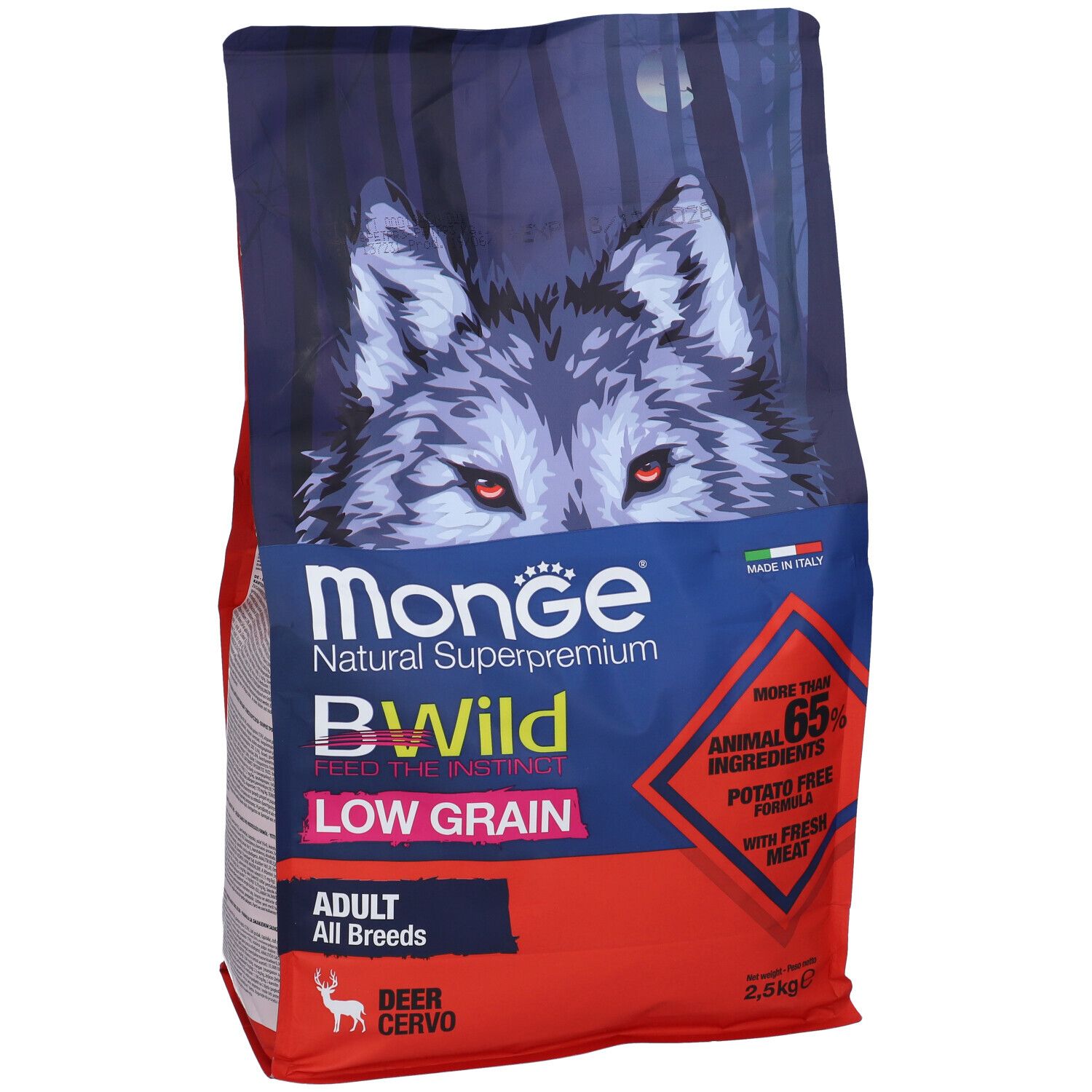 Confezione di cibo per cani Monge BWild. Contiene 2,5 kg. Scritta: Wolf, Low Grain, Adult All Breeds, Deer Cervo.