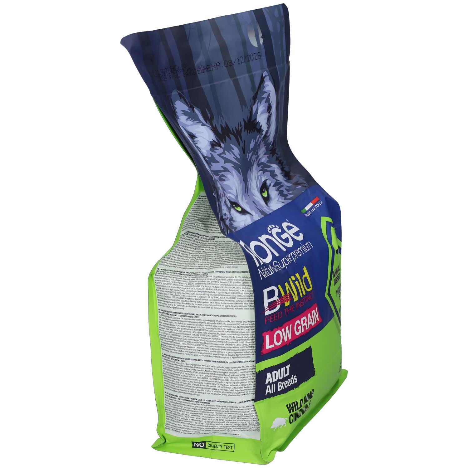 Sacchetto cibo per cani Monge BWild. Scritto: Low Grain, Adult All Breeds, Cinghiale. Vista laterale.