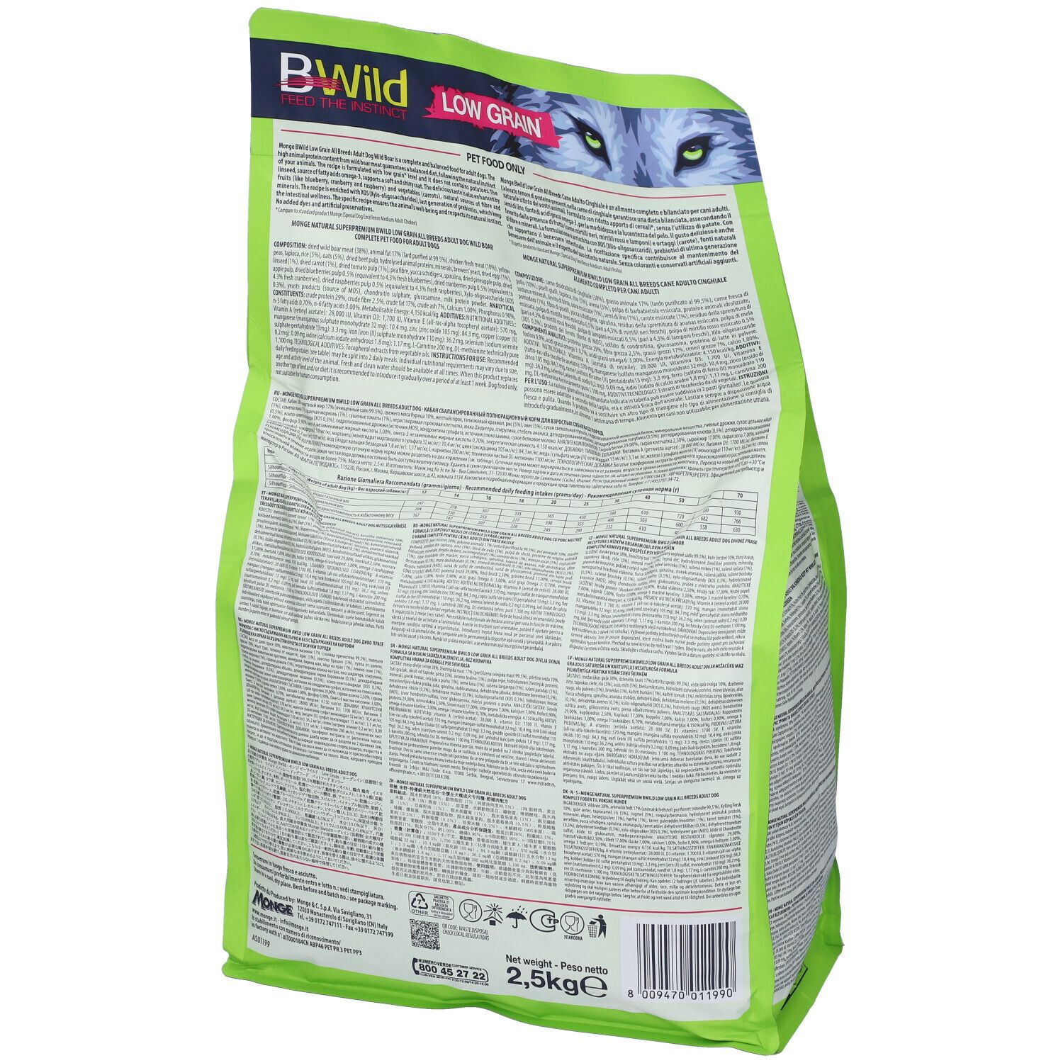 Retro del sacchetto di cibo per cani Monge BWild. Informazioni testuali e nutrizionali.
