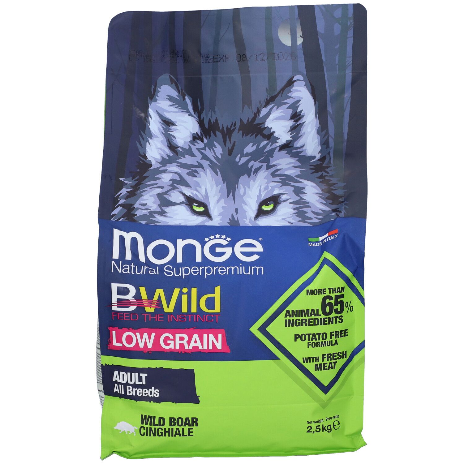 Sacchetto di cibo per cani Monge BWild. Scritto: Low Grain, Adult All Breeds, Cinghiale. 2,5 kg.