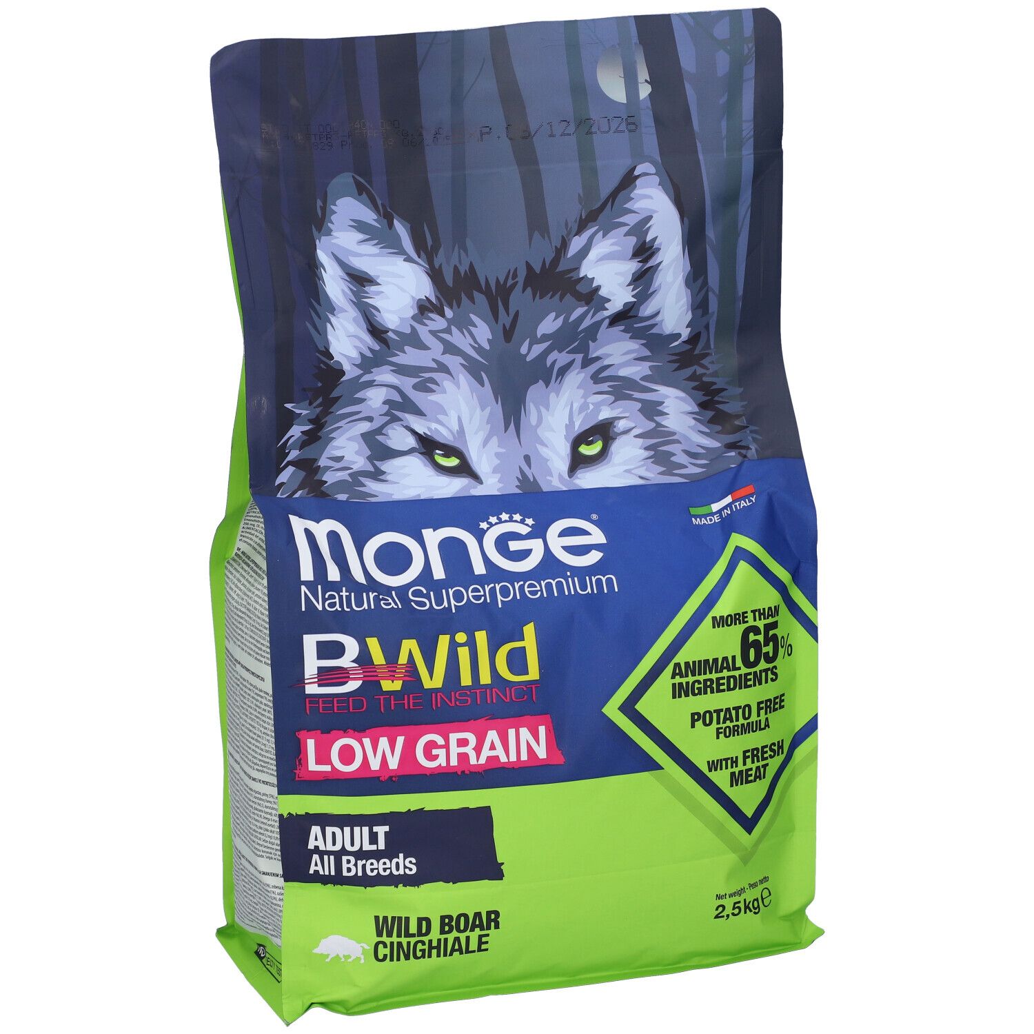 Sacchetto di cibo per cani Monge BWild. Scritto: Low Grain, Adult All Breeds, Cinghiale. 2,5 kg.