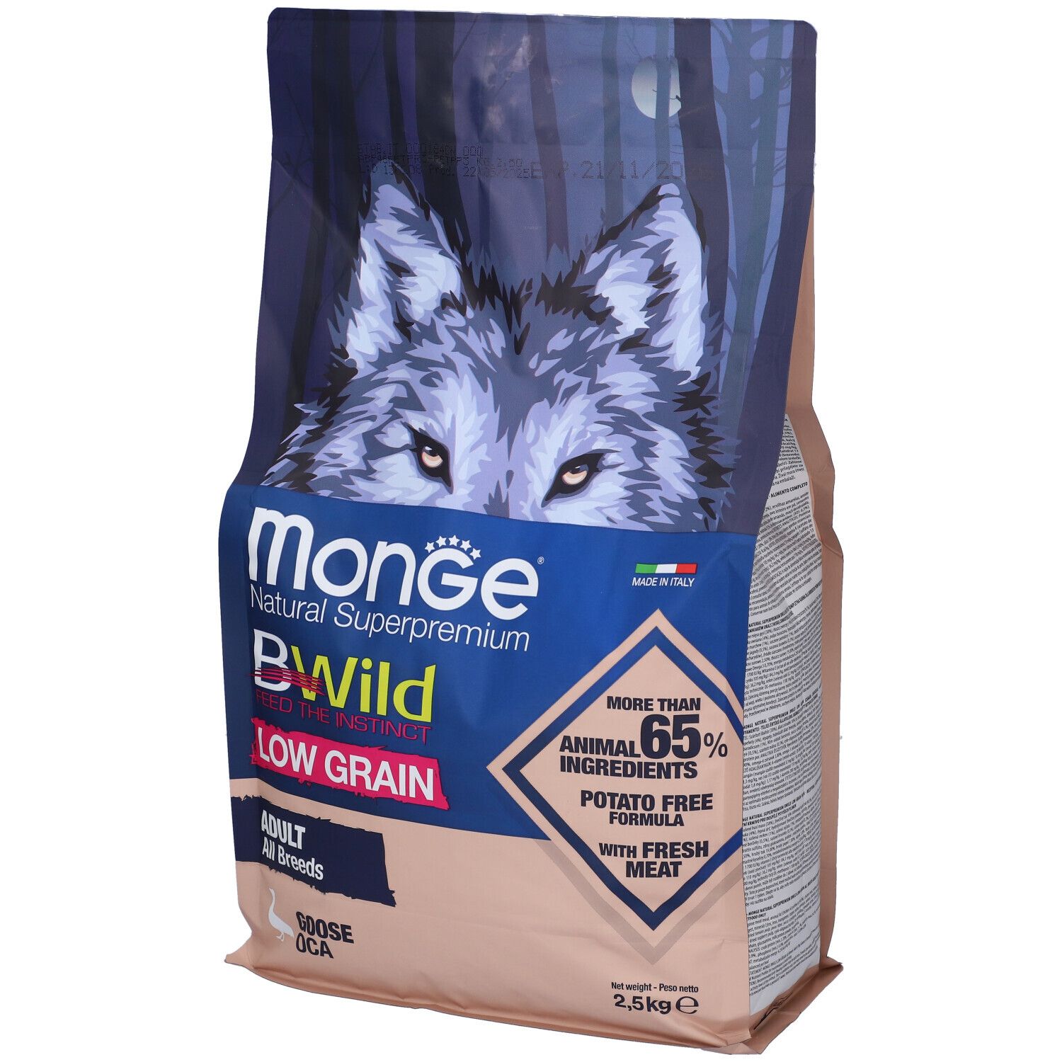 Monge Bwild Low Grain Adult All Breeds per Cani con Oca 2,5 Kg