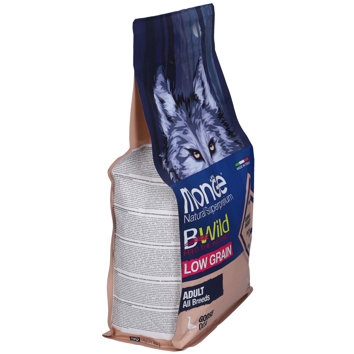 Confezione di cibo per cani Monge Bwild Low Grain. Vista laterale con lupo e testo. 65% ingredienti animali.