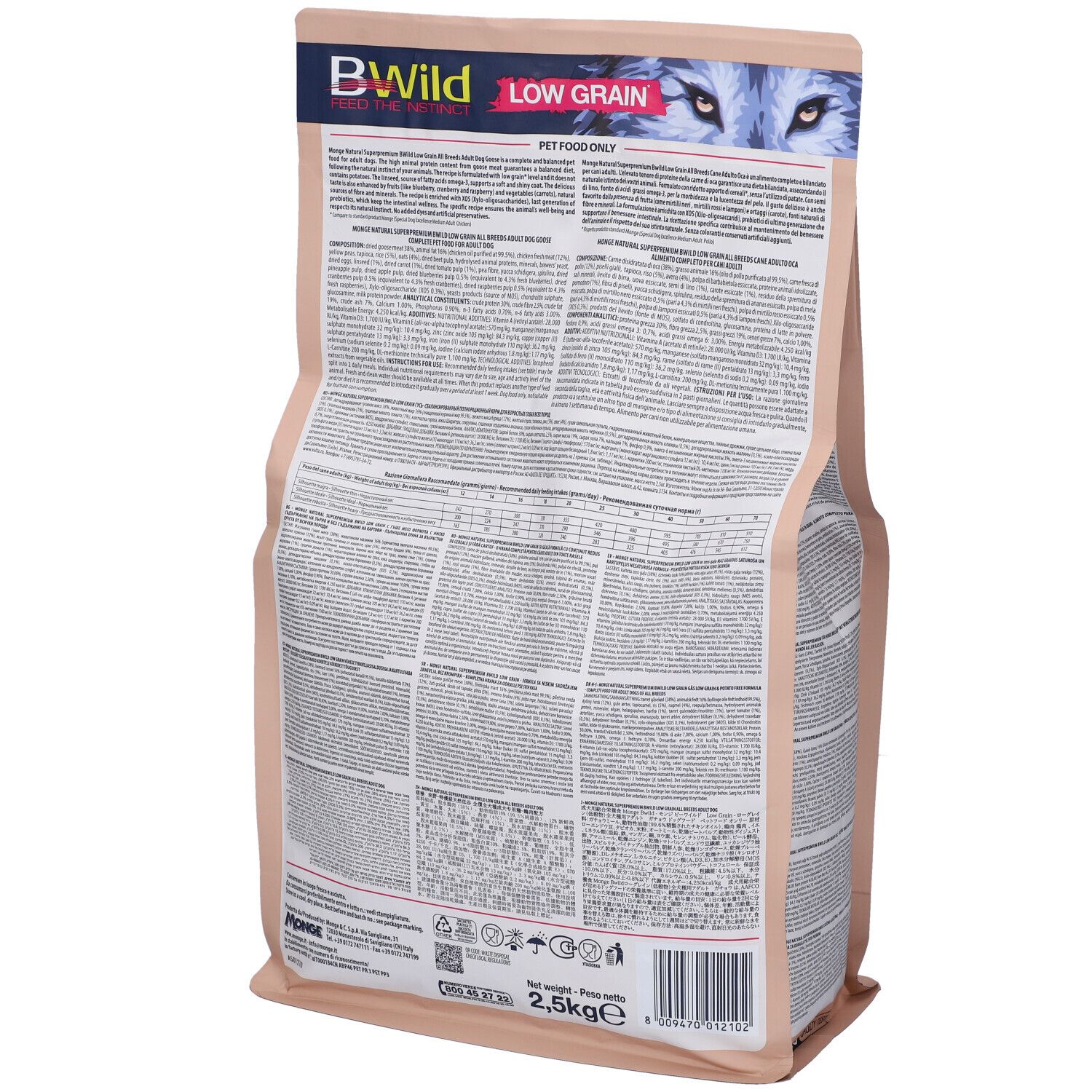 Retro della confezione di cibo per cani Monge Bwild Low Grain. Informazioni testuali e nutrizionali.