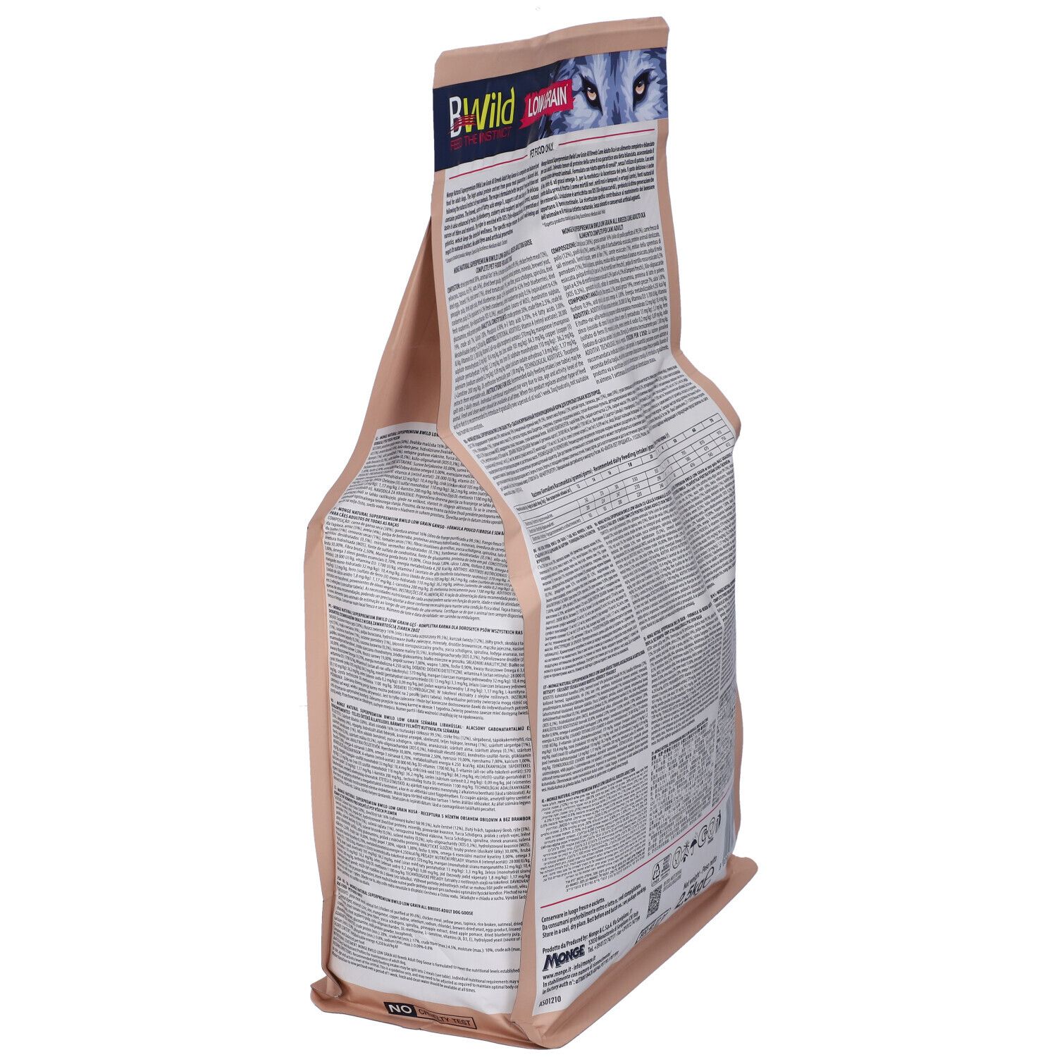 Confezione di cibo per cani Monge Bwild Low Grain. Vista posteriore con testo e informazioni nutrizionali. 2,5 kg.