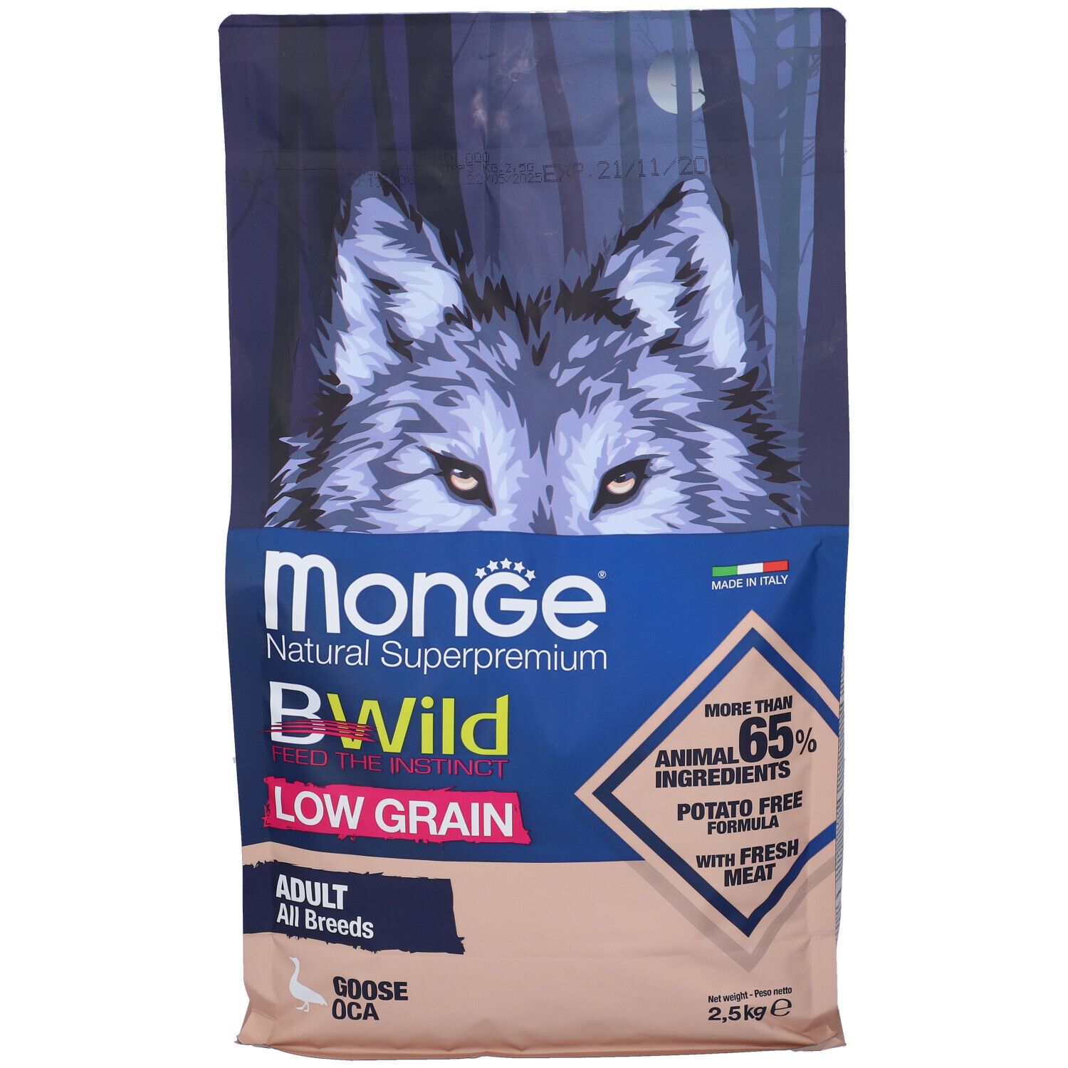 Confezione di cibo per cani Monge Bwild Low Grain. Lupo, 65% ingredienti animali. Per tutte le razze. 2,5 kg.