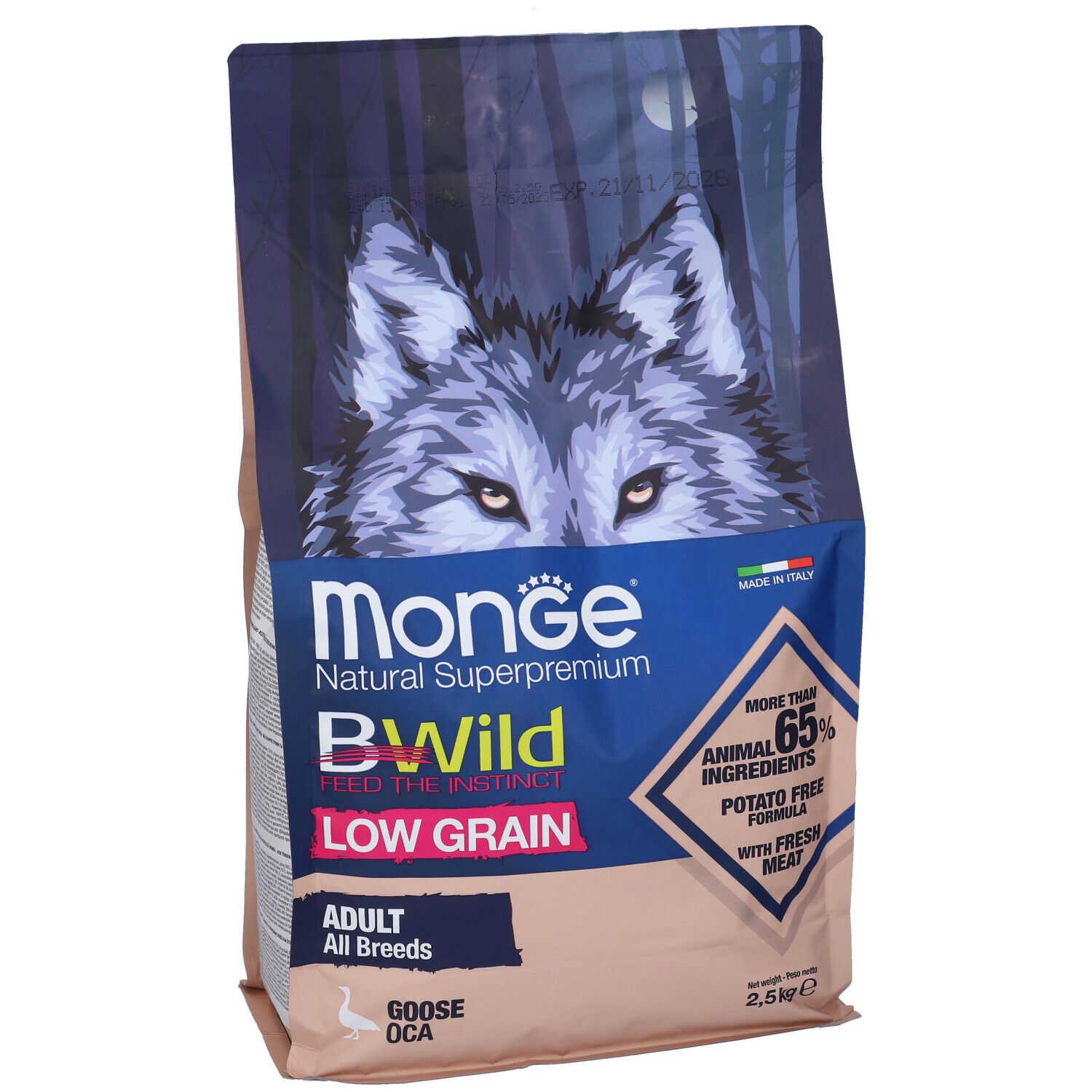 Confezione di cibo per cani Monge Bwild Low Grain. Lupo, 65% ingredienti animali. Per tutte le razze. 2,5 kg.