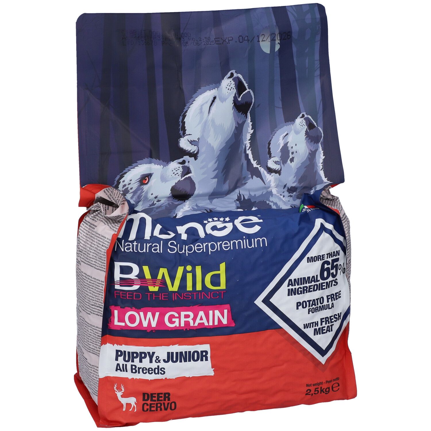 Confezione Monge BWild Low Grain Puppy & Junior All Breeds Cervo 2,5 kg. Illustrazione di lupi. Contiene oltre il 65% di ingredienti animali.