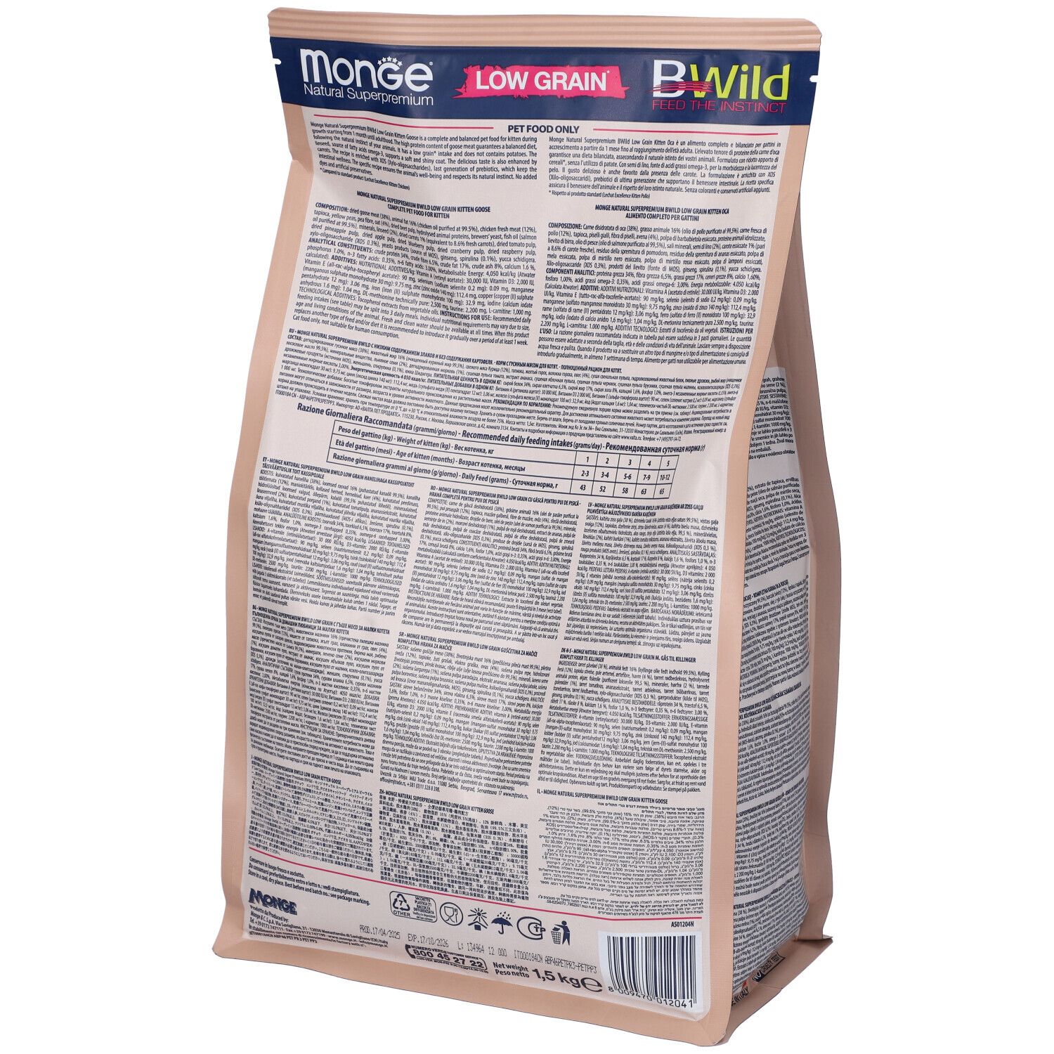 Retro della confezione di cibo per gatti. Informazioni testuali e nutrizionali. Monge BWild Low Grain Kitten.
