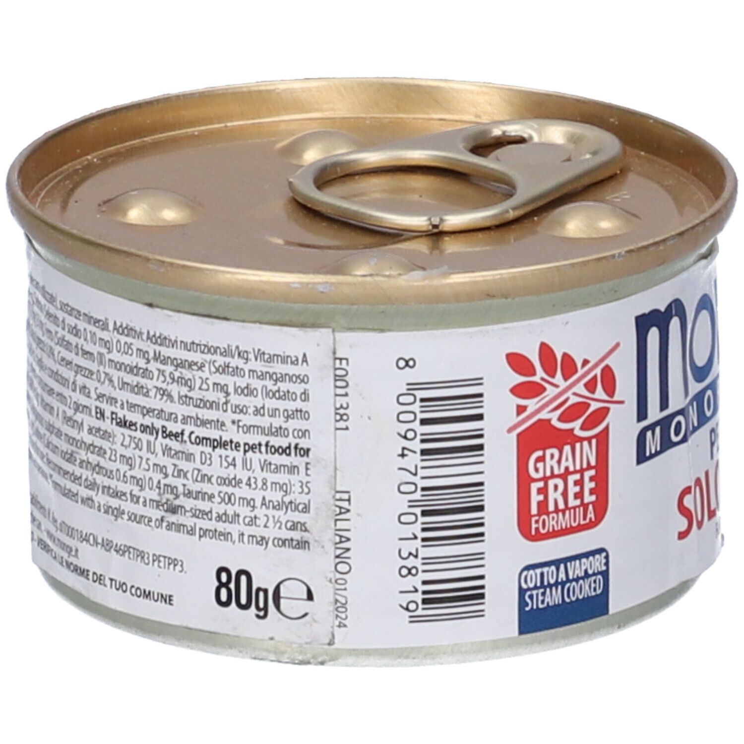 Lattina di cibo per gatti Monge Gatto Monoprotein Pezzetti Solo Manzo. Retro con testo e codice a barre. Testo: 80g, Grain Free, Cotto a Vapore.