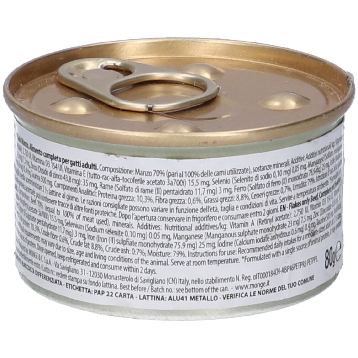 Lattina di cibo per gatti Monge Gatto Monoprotein Pezzetti Solo Manzo. Vista dettagliata del retro con testo. Testo: 80g, Ingredienti, Componenti analitici.