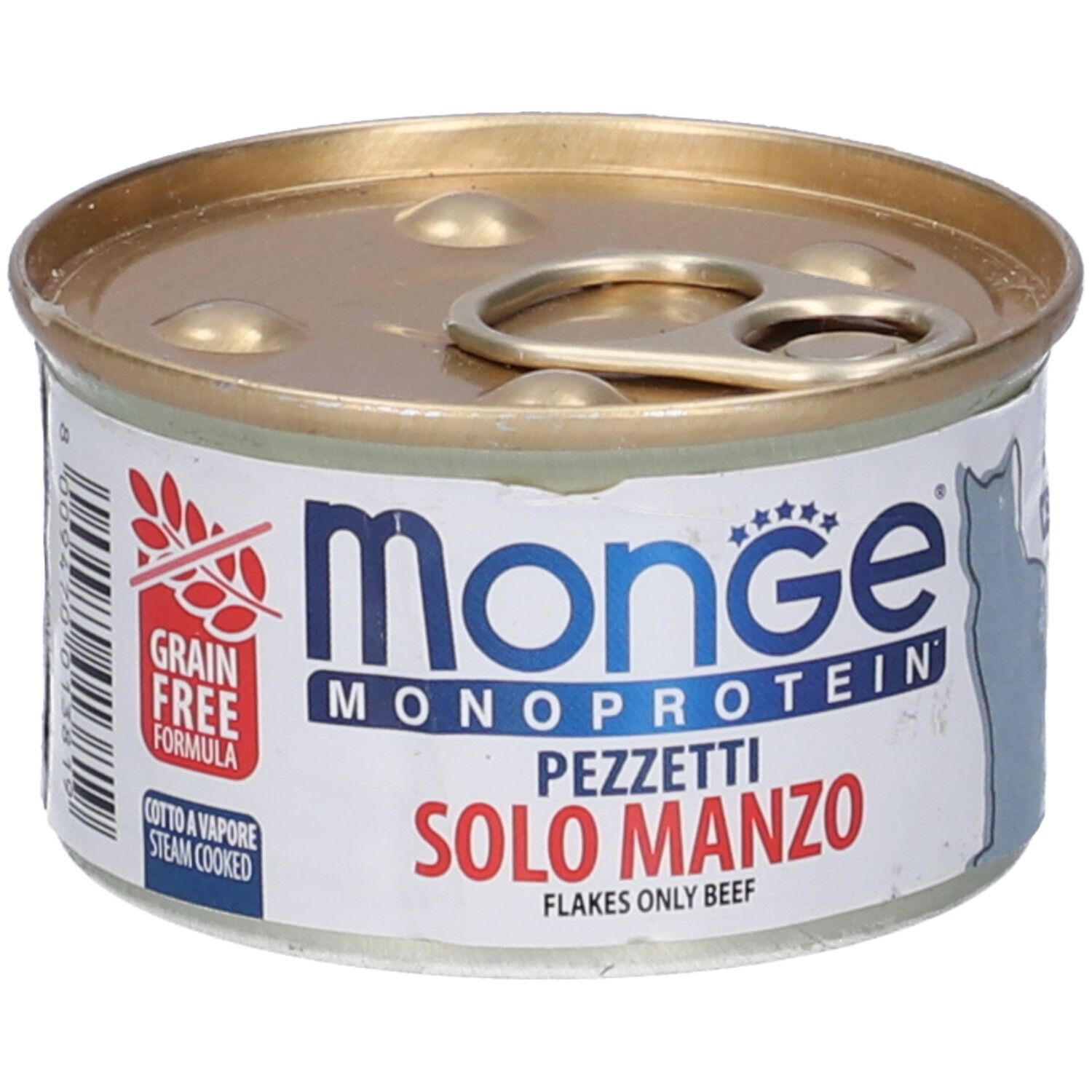 Lattina di cibo per gatti Monge Gatto Monoprotein Pezzetti Solo Manzo. Lattina con coperchio e stampa. Testo: Grain Free, Solo Manzo, Flakes Only Beef.