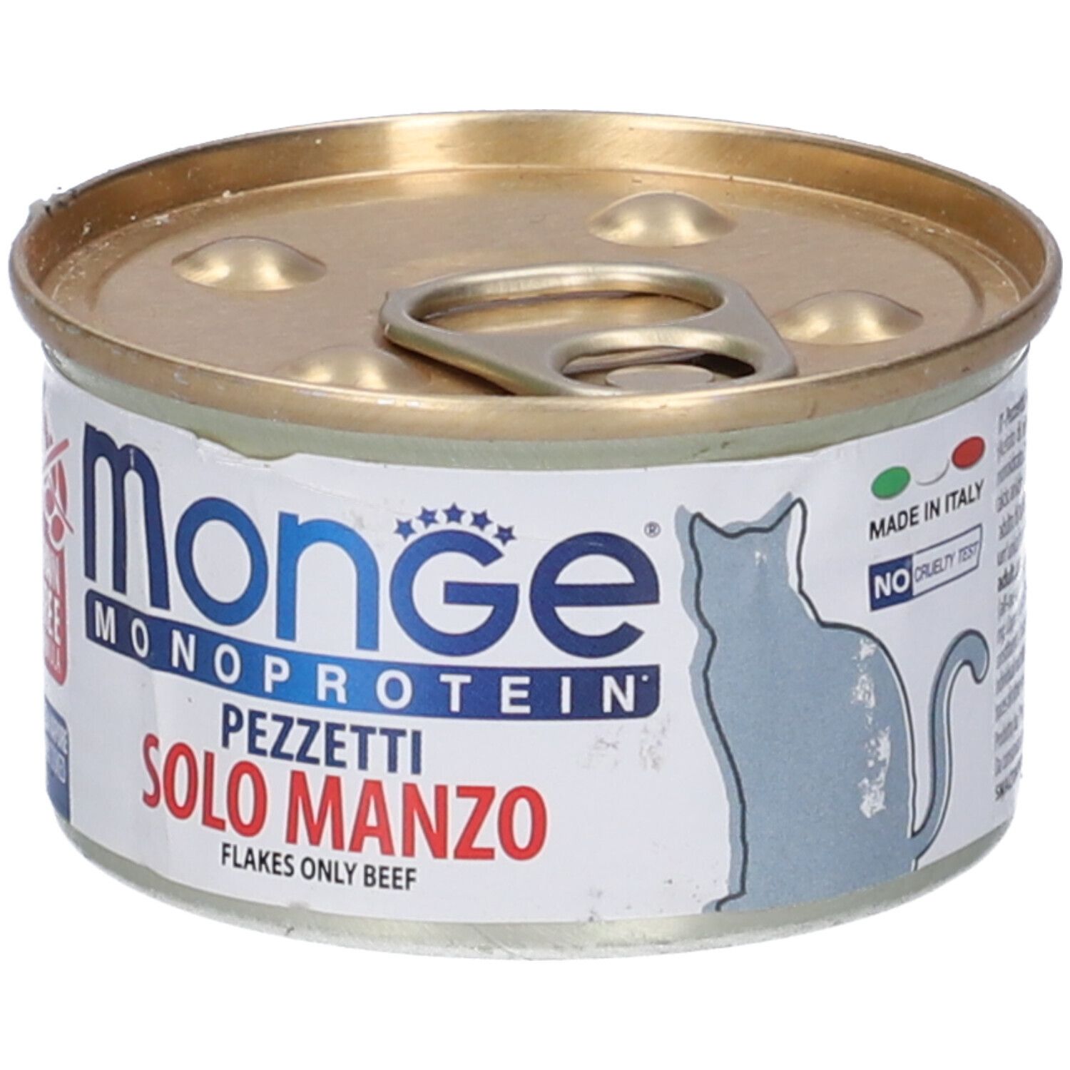 Lattina di cibo per gatti Monge Gatto Monoprotein Pezzetti Solo Manzo. Lattina con coperchio e stampa. Testo: Made in Italy, No Cruelty Test.