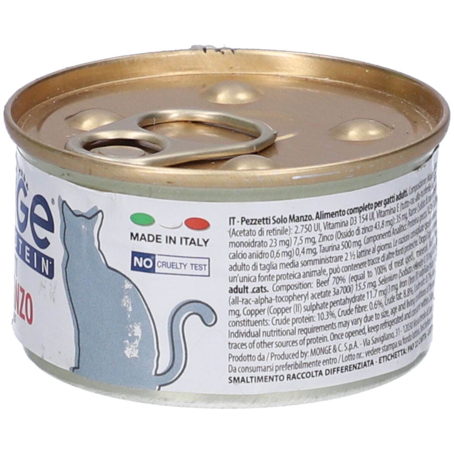 Lattina di cibo per gatti Monge Gatto Monoprotein Pezzetti Solo Manzo. Retro con testo. Testo: Made in Italy, No Cruelty Test, Ingredienti, Componenti analitici.