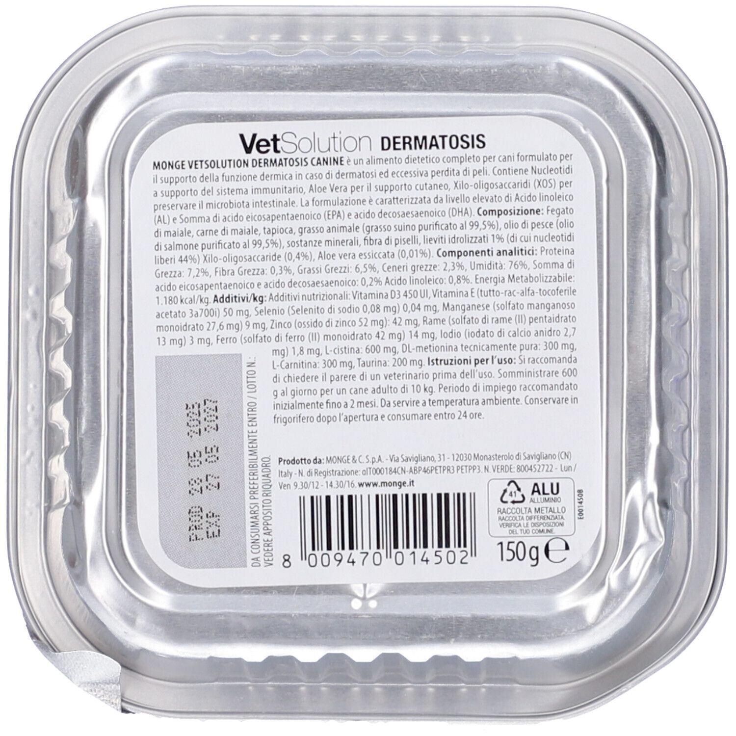 Monge VetSolution Dermatosis. Scatola, retro. Testo e lista ingredienti. Peso: 150g. Data di scadenza. Simbolo di riciclaggio.