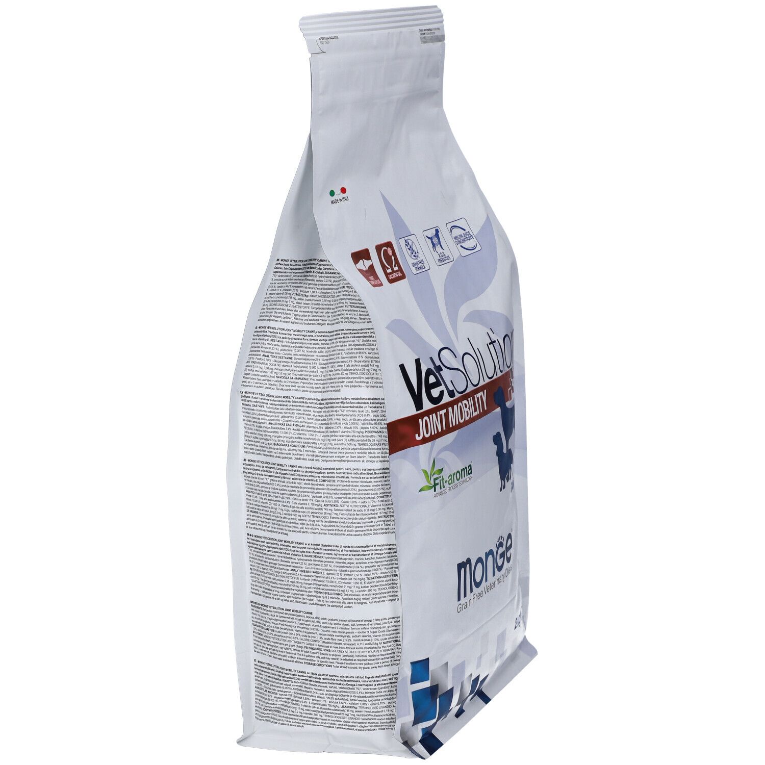 Sacchetto bianco, vista laterale. Testo e loghi visibili. "VetSolution Joint Mobility" e "Monge".