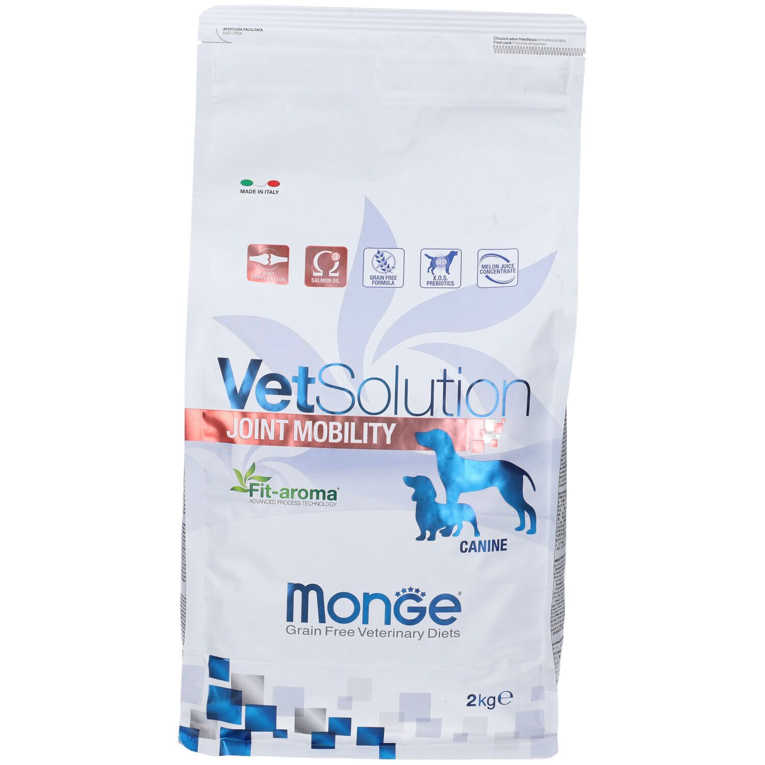 Sacchetto bianco con testo "VetSolution Joint Mobility" e "Monge". Illustrazione di cani. 2 kg.
