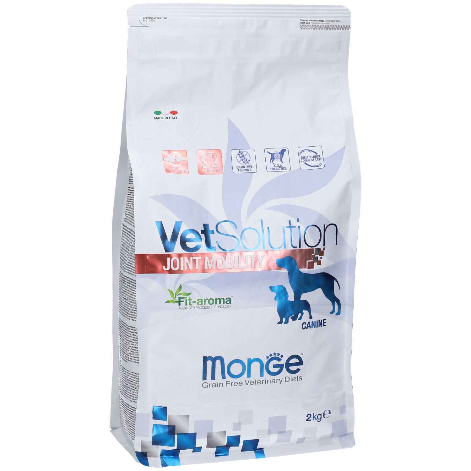 Sacchetto bianco con testo "VetSolution Joint Mobility" e "Monge". Illustrazione di cani. 2 kg.