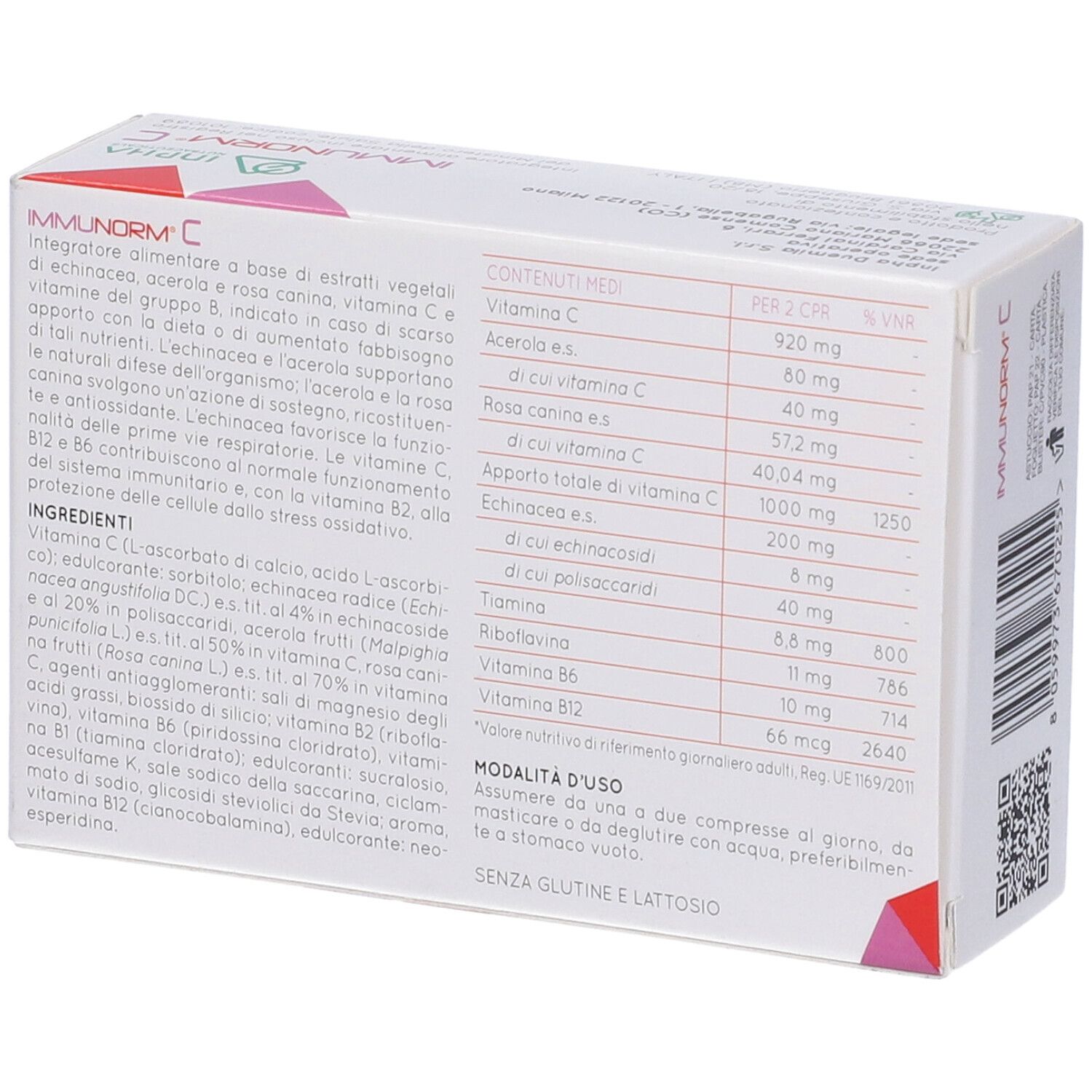 Retro della confezione di Immunorm C. Elenco degli ingredienti e valori nutrizionali.