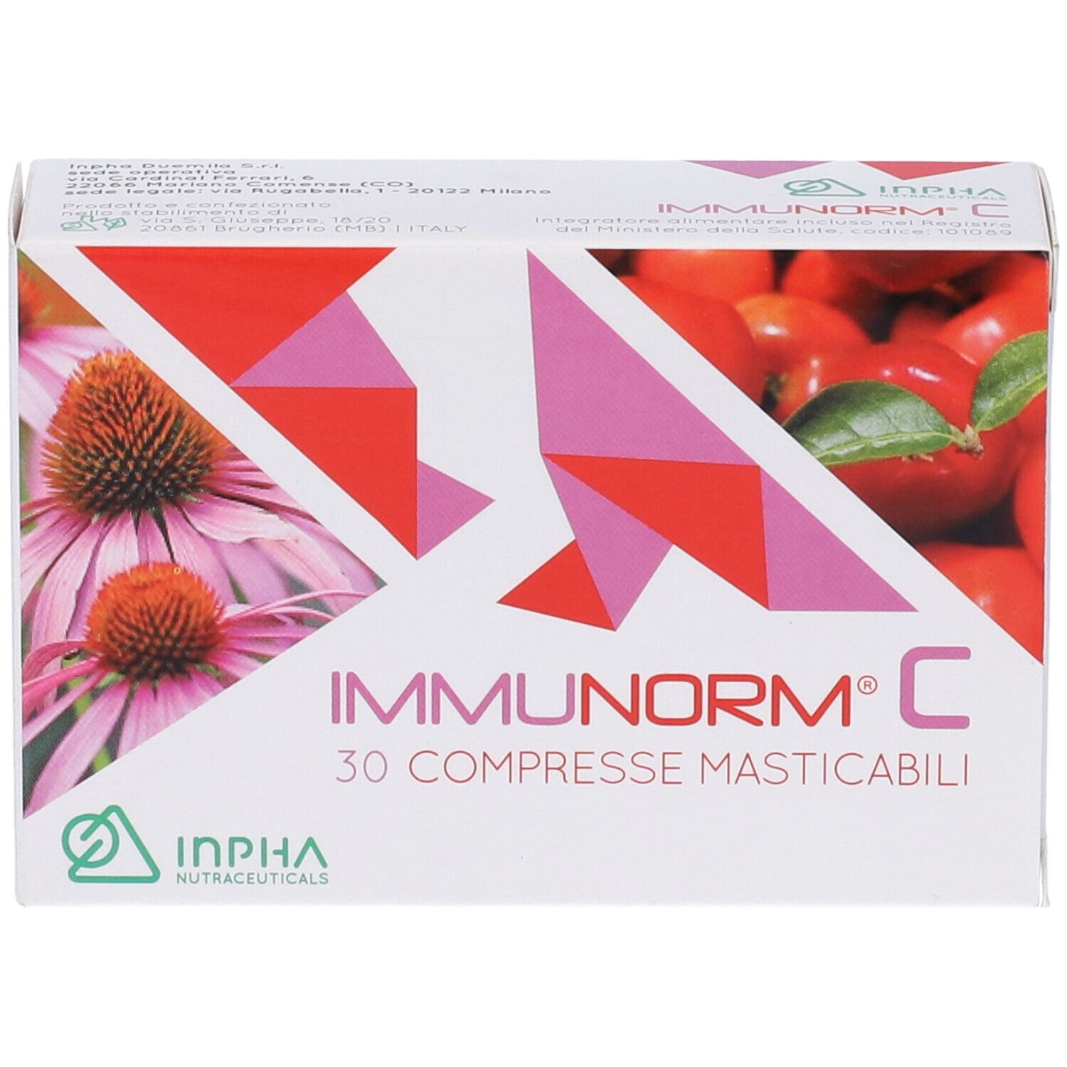 Confezione di Immunorm C. Scritta: 30 Compresse Masticabili. Logo Inpha Nutraceuticals.