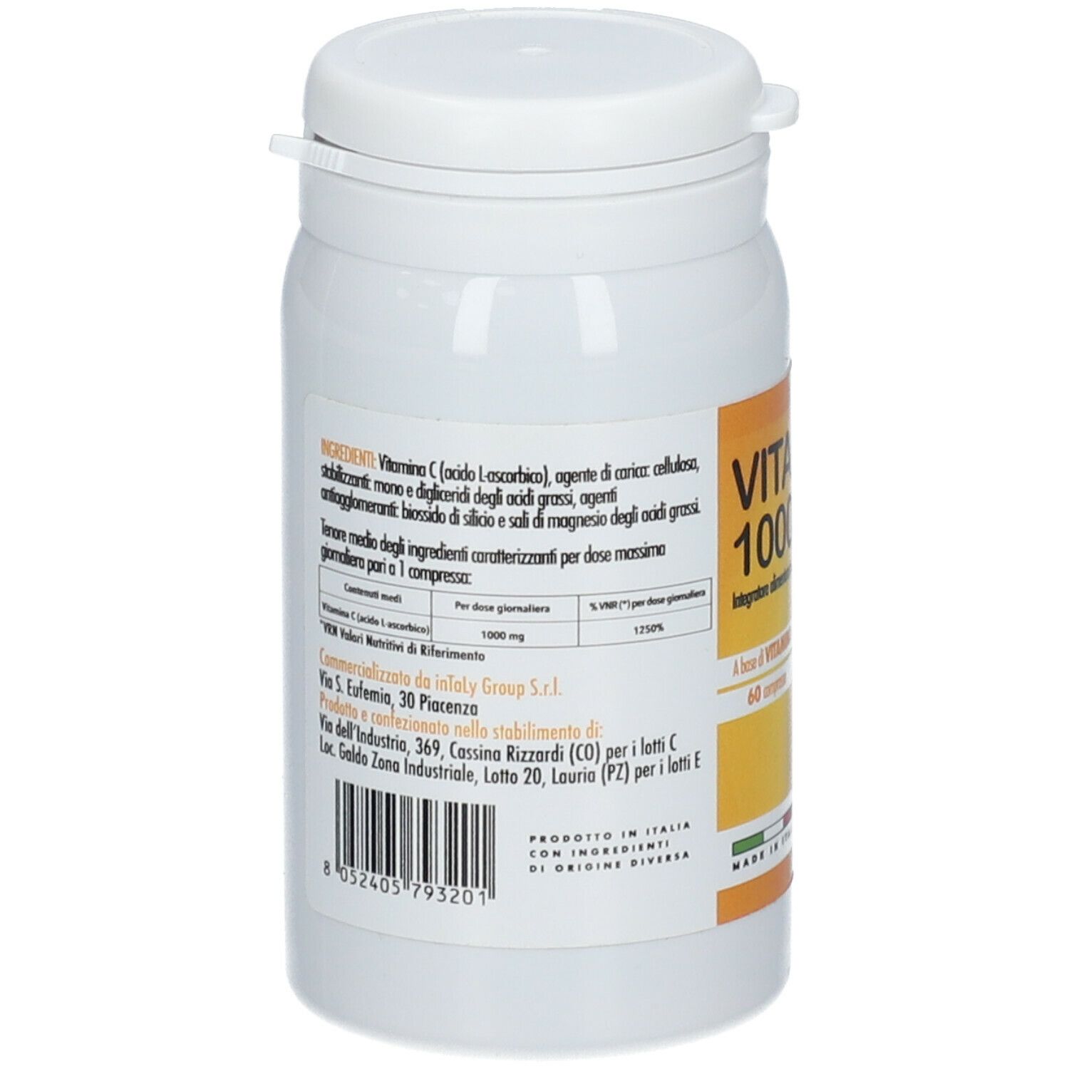 Retro del barattolo bianco. Etichetta gialla con ingredienti e informazioni nutrizionali. Testo in italiano. Codice a barre.