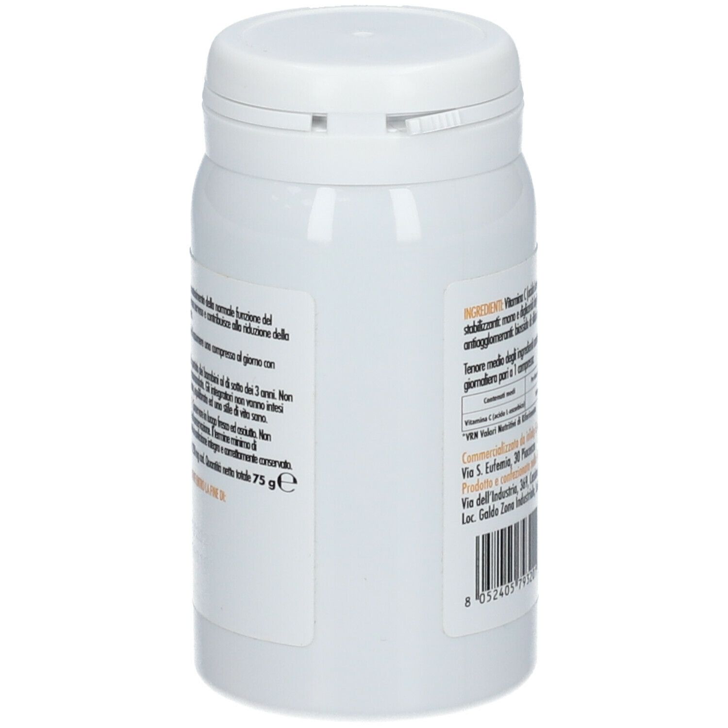 Barattolo bianco, vista posteriore. Etichetta gialla con testo in italiano. Codice a barre e informazioni del produttore.
