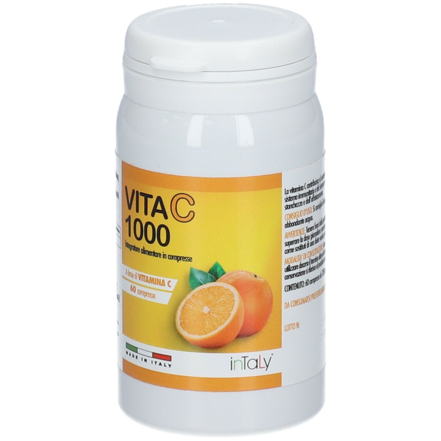 Barattolo bianco con etichetta gialla. Scritta: Vita C 1000, 60 compresse. Illustrazione di un'arancia. Prodotto in Italia.