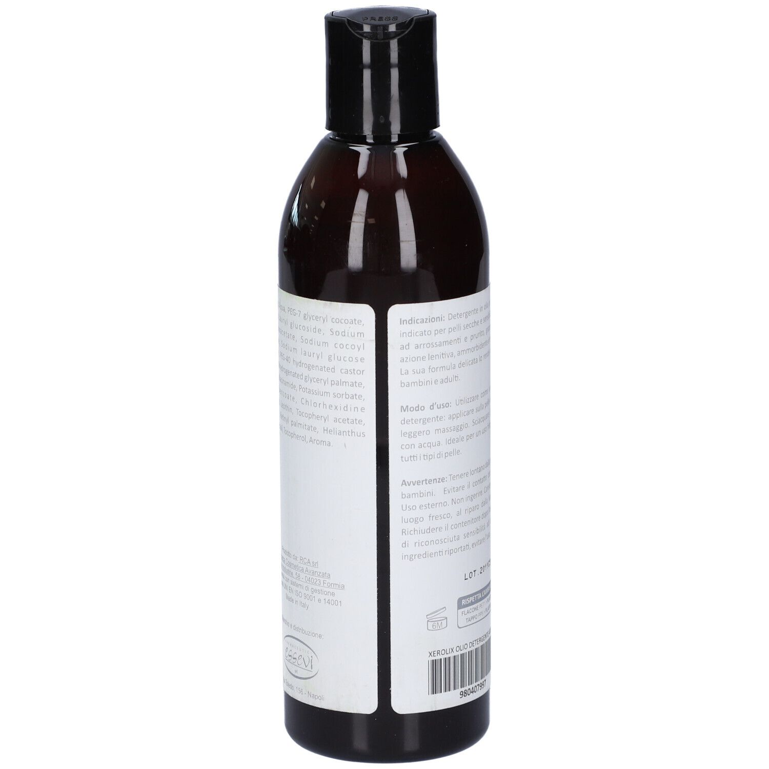 Retro del flacone marrone. Adesivo con testo. Contiene informazioni sul prodotto e ingredienti.
