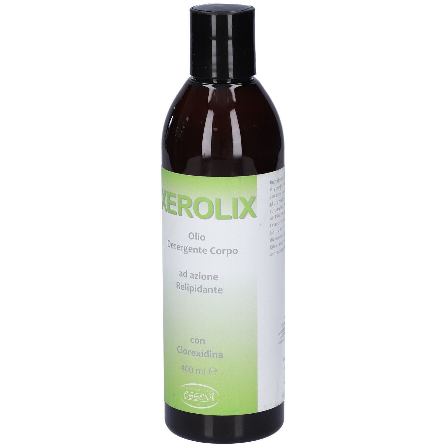 Flacone marrone con tappo nero. Scritta: Xerolix Olio Detergente Corpo, ad azione Relipidante, con Clorexidina.