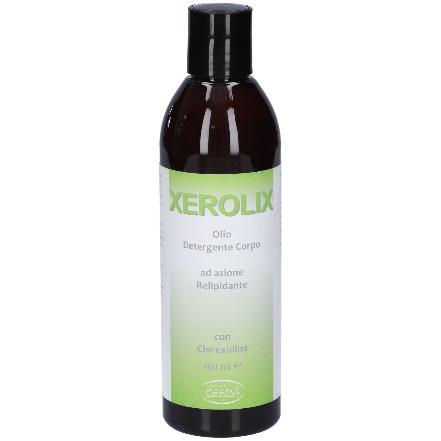 Flacone marrone con tappo nero. Scritta: Xerolix Olio Detergente Corpo, ad azione Relipidante, con Clorexidina.