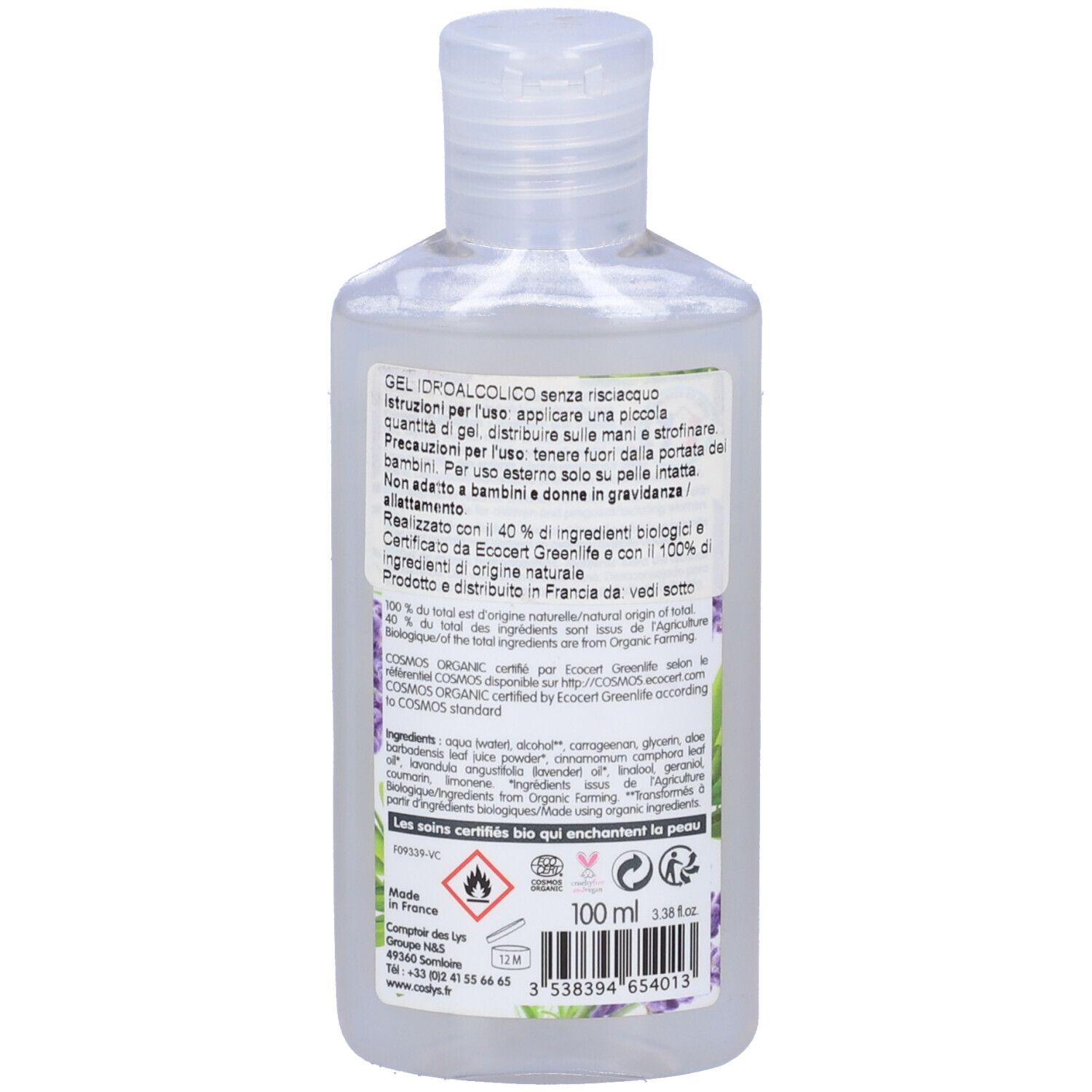 Retro del flacone. Testo multilingue. Informazioni sugli ingredienti e certificazioni. Volume: 100 ml.