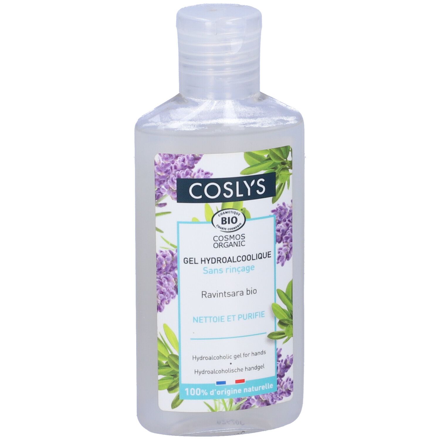 Flacone trasparente con etichetta bianca. Scritta: Coslys, Gel Hydroalcoolique, Sans rinçage. Illustrazione di fiori viola.