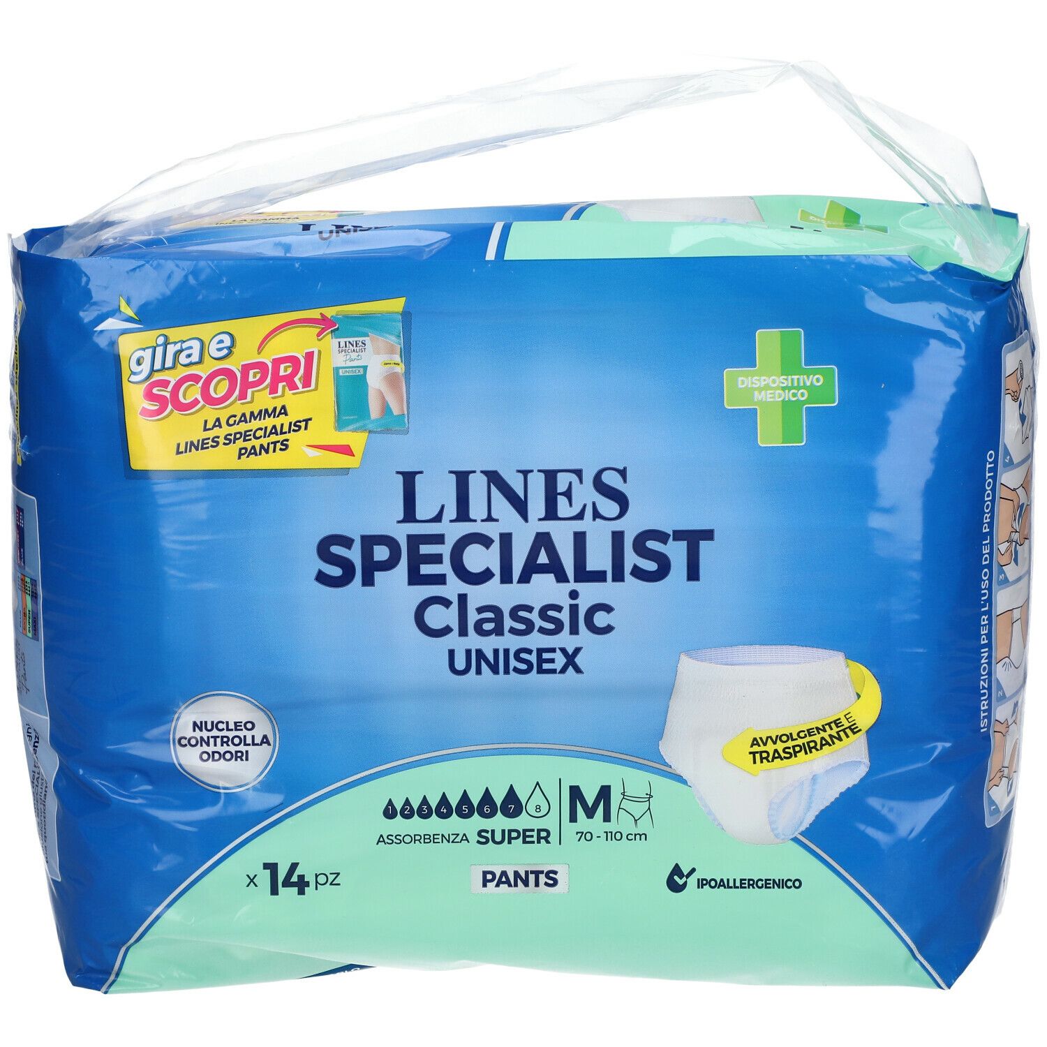 Confezione di LINES Specialist Classic Unisex Pants Super, taglia M. Confezione blu con immagine del prodotto e testo. 14 pezzi.