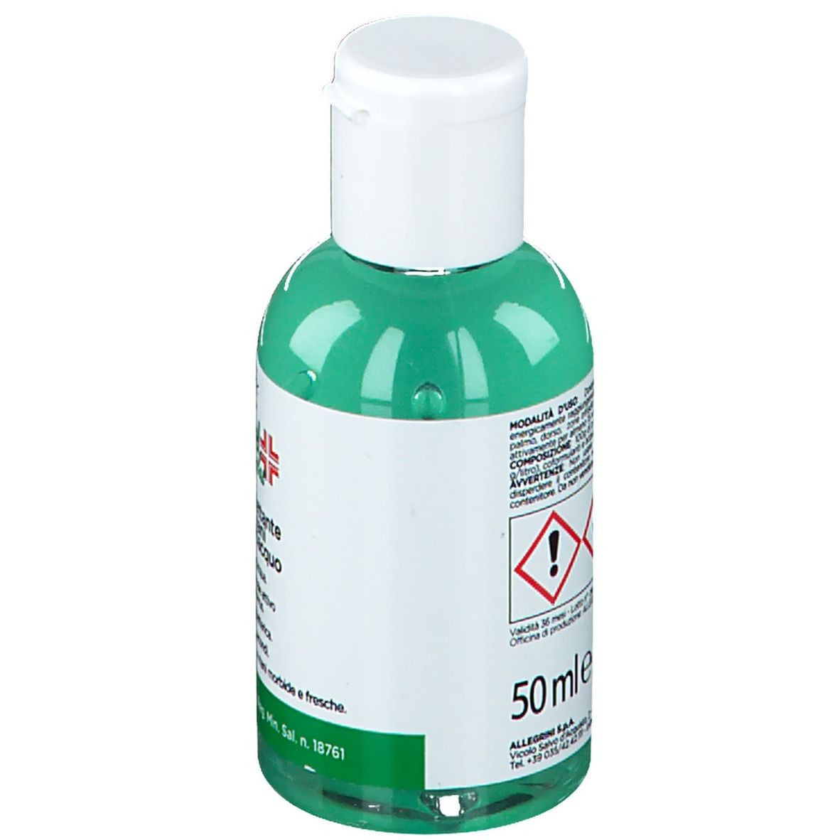 Flacone verde con tappo bianco. Retro con simboli di avvertimento e testo. Scritta: 50 ml.