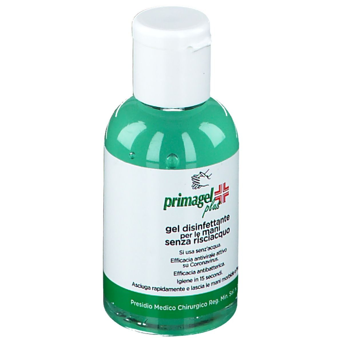 Flacone verde con tappo bianco. Scritta: primagel plus, gel disinfettante per le mani. Contiene informazioni sull'uso.