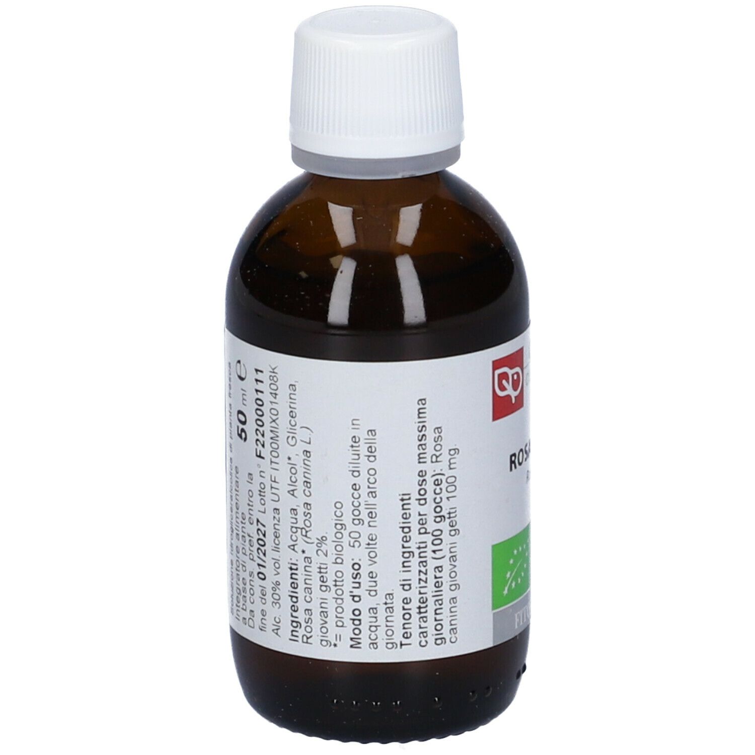 Flacone di vetro marrone con tappo bianco. Etichetta con testo. Scritto: Rosa Canina, 50 ml, biologico.