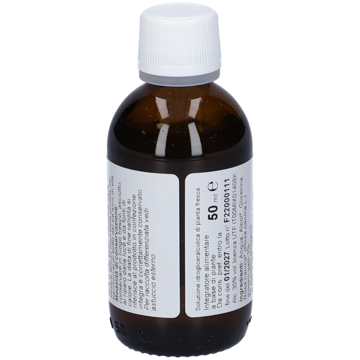 Flacone di vetro marrone con tappo bianco. Etichetta con testo. Scritto: 50 ml, biologico.