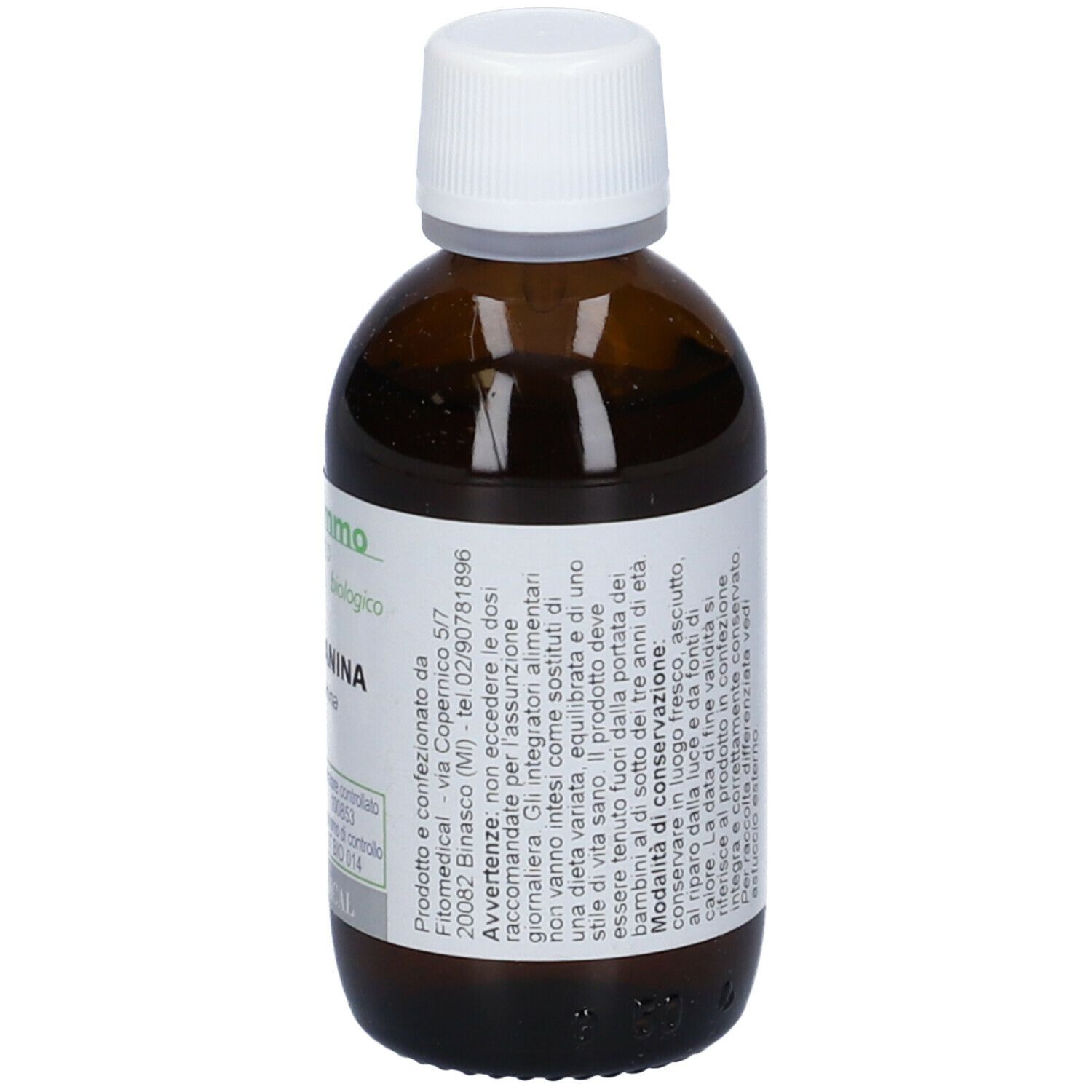 Flacone di vetro marrone con tappo bianco. Etichetta con testo. Scritto: 50 ml, biologico.