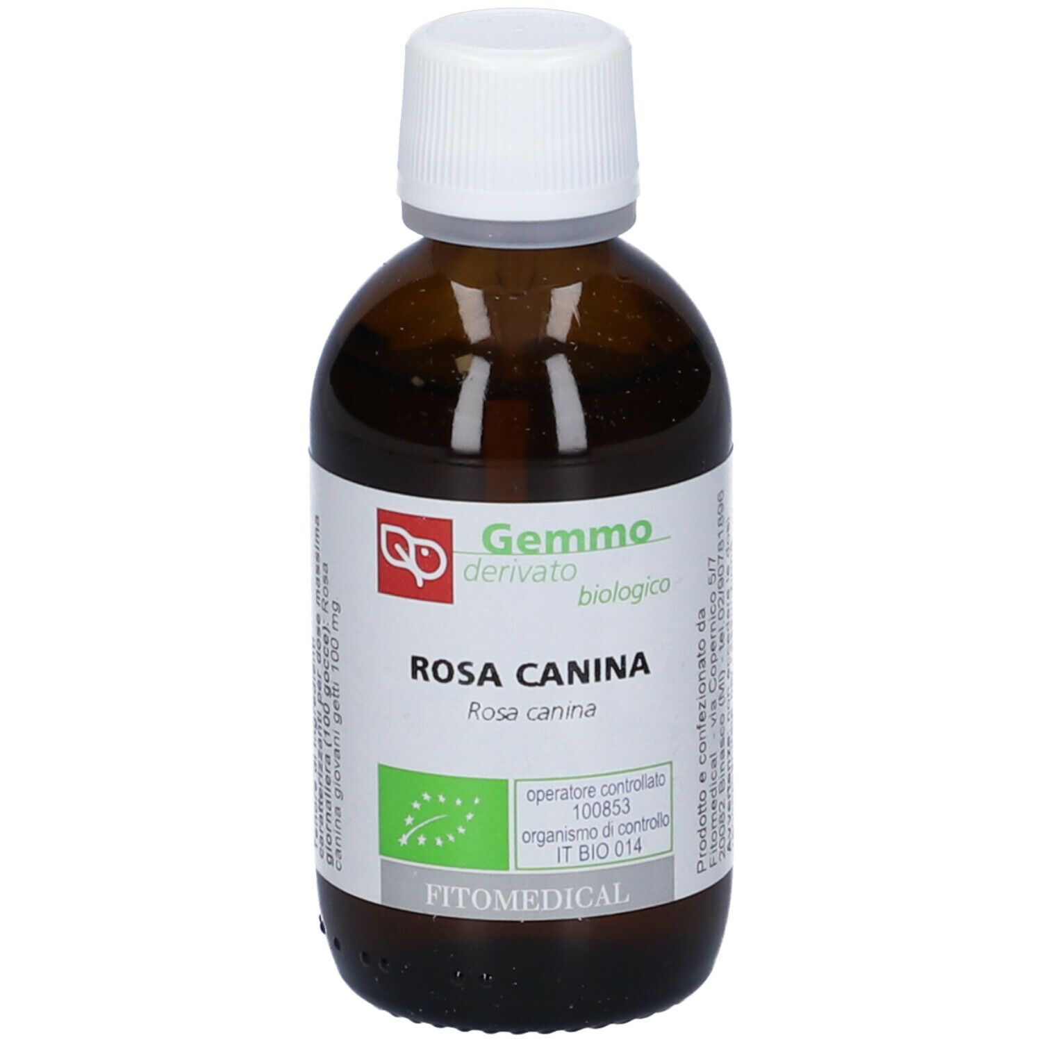Flacone di vetro marrone con tappo bianco. Etichetta con testo. Scritto: Gemmo derivato, Rosa Canina, biologico.