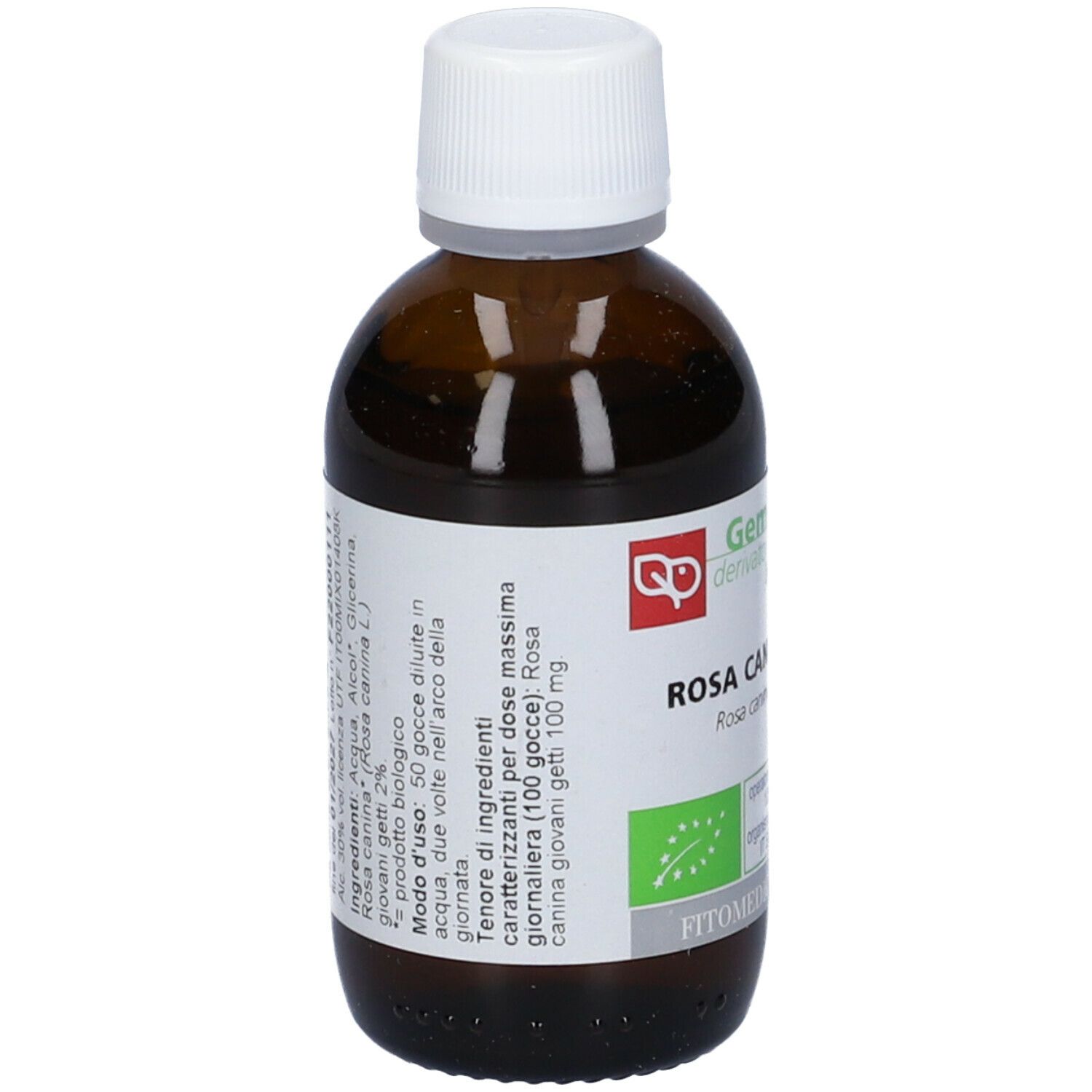 Flacone di vetro marrone con tappo bianco. Etichetta con testo. Scritto: Rosa Canina, biologico.
