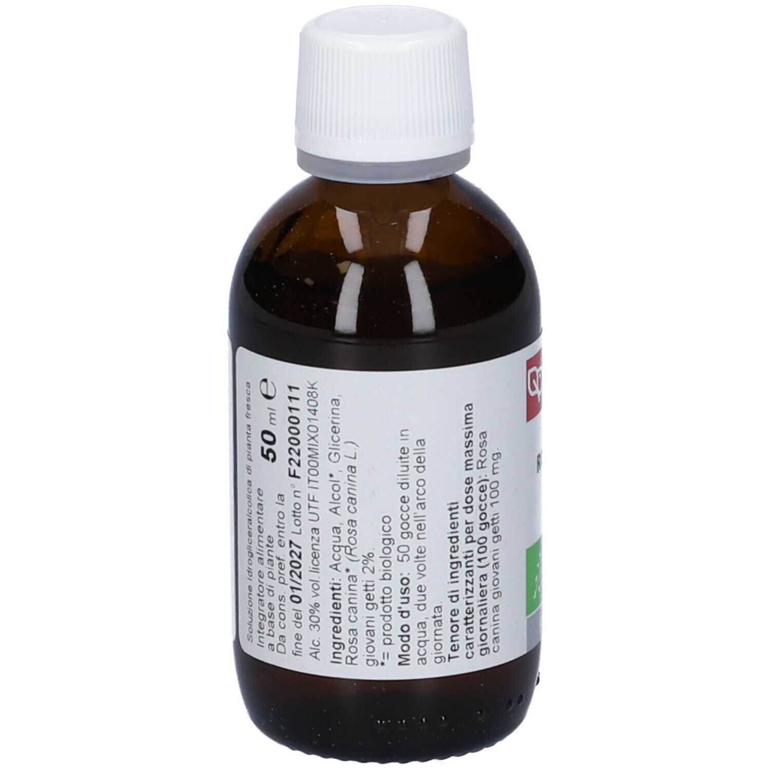 Flacone di vetro marrone con tappo bianco. Etichetta con testo. Scritto: 50 ml, biologico.