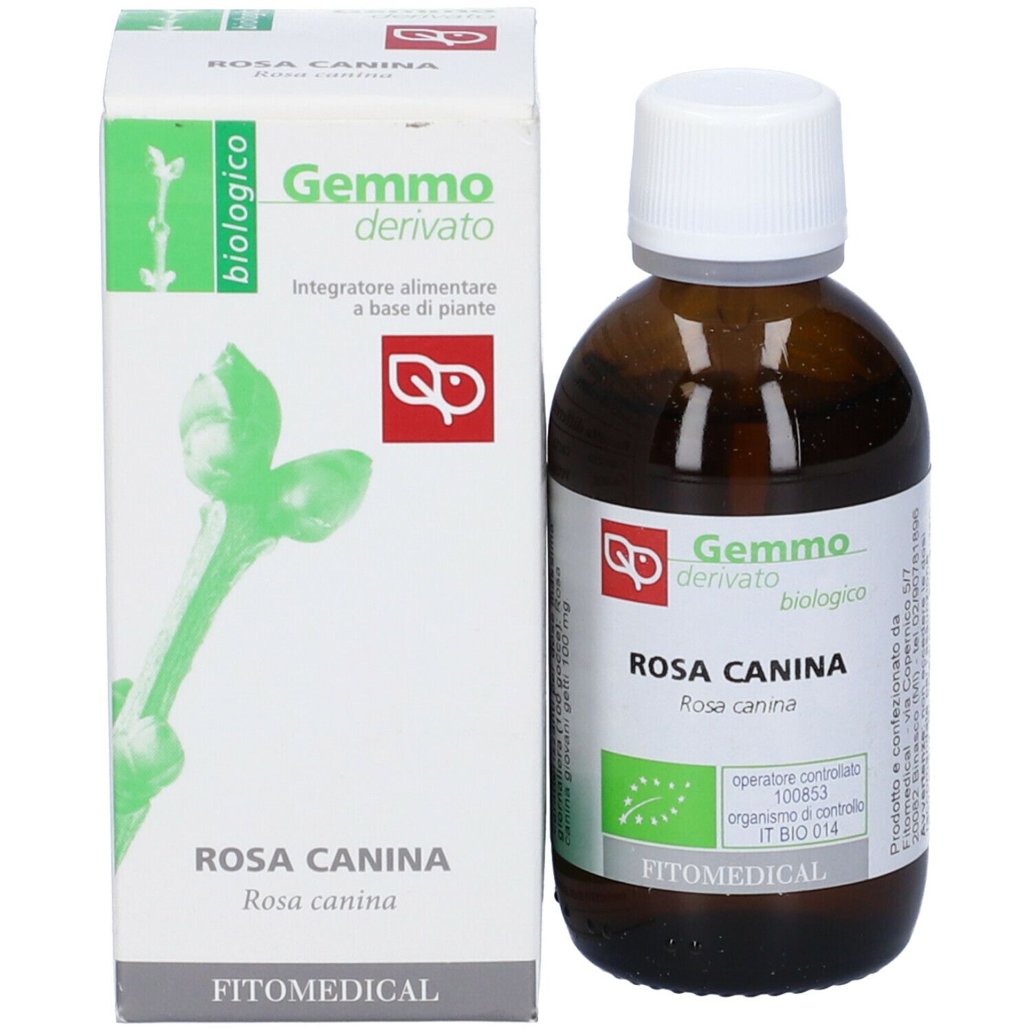 Flacone di vetro marrone e scatola bianca. Scritto: Gemmo derivato, Rosa Canina, biologico.